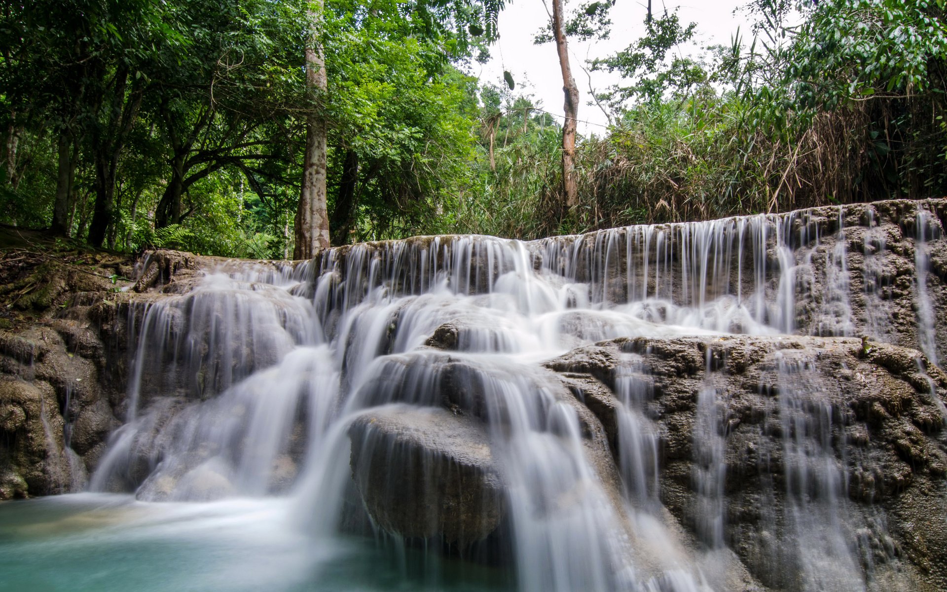 Обои деревья, камни, лес, ручей, водопад, тропики, лаос, kuang si falls, trees, stones, forest, stream, waterfall, tropics, laos разрешение 3000x2000 Загрузить