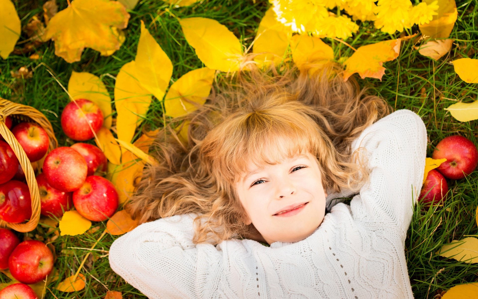 Обои листья, яблоки, осень, ребенок, яблок, осен, дитя, leaves, apples, autumn, child разрешение 2880x1920 Загрузить