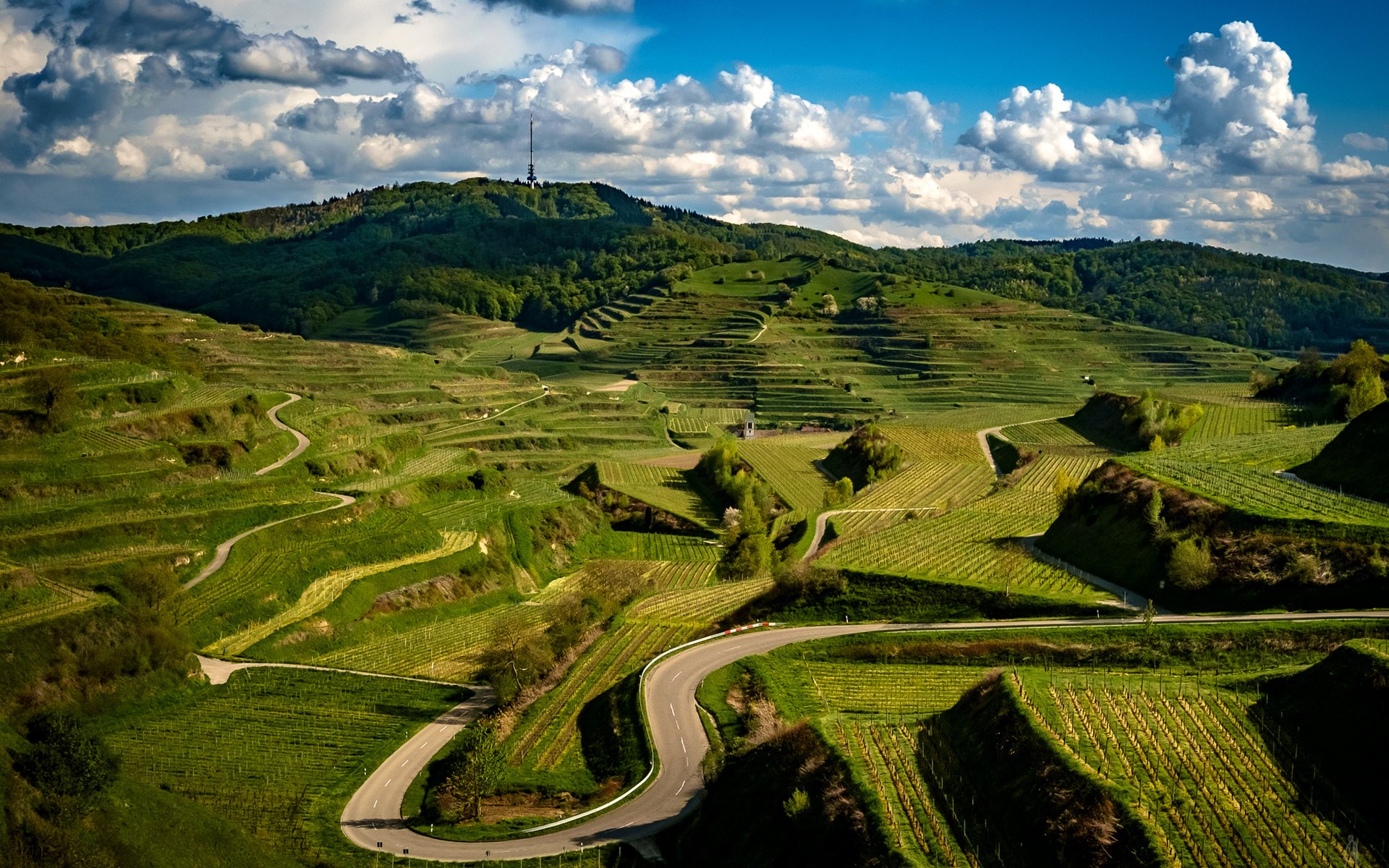 Обои дорога, облака, холмы, зелень, поля, плантации, германия, kaiserstuhl hills, road, clouds, hills, greens, field, plantation, germany разрешение 2048x1365 Загрузить