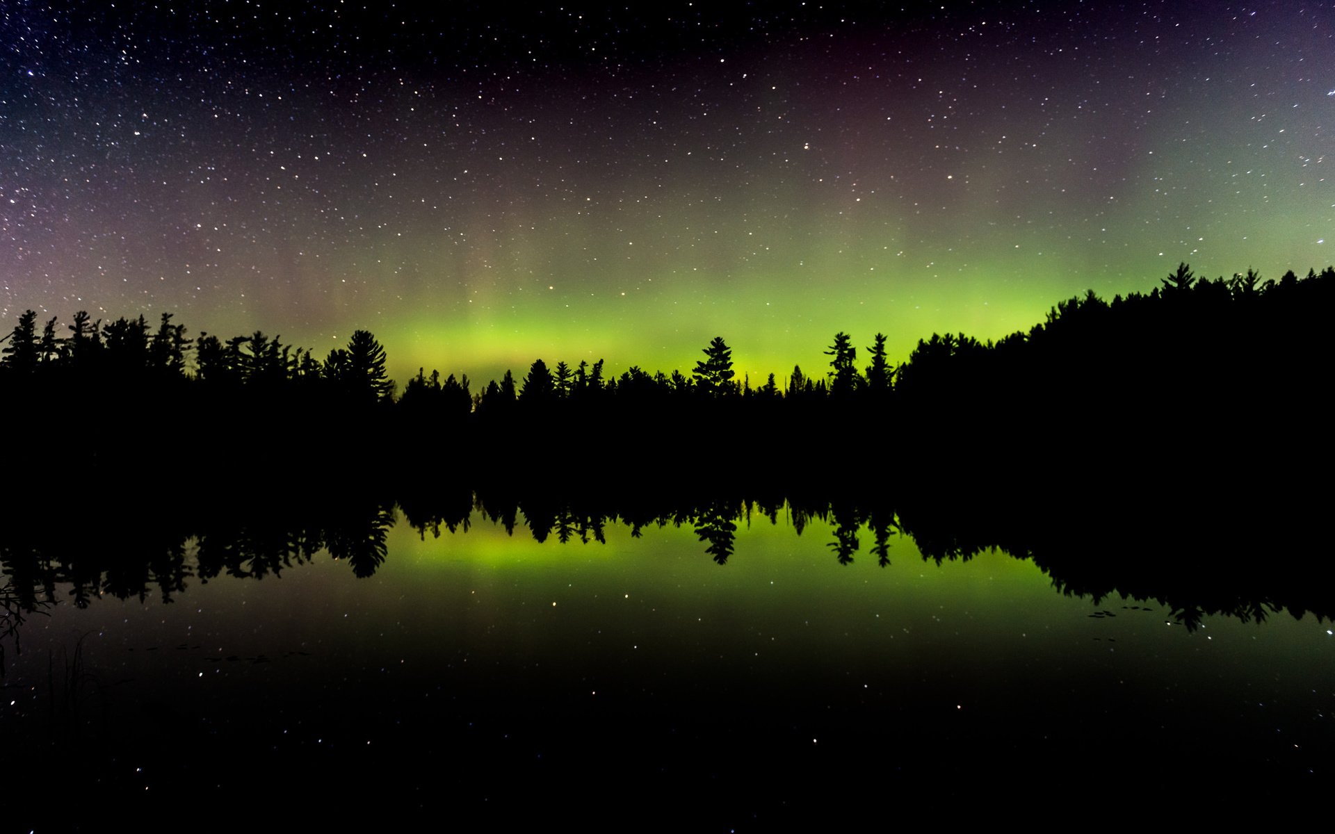 Обои деревья, озеро, отражение, северное сияние, trees, lake, reflection, northern lights разрешение 2048x1463 Загрузить