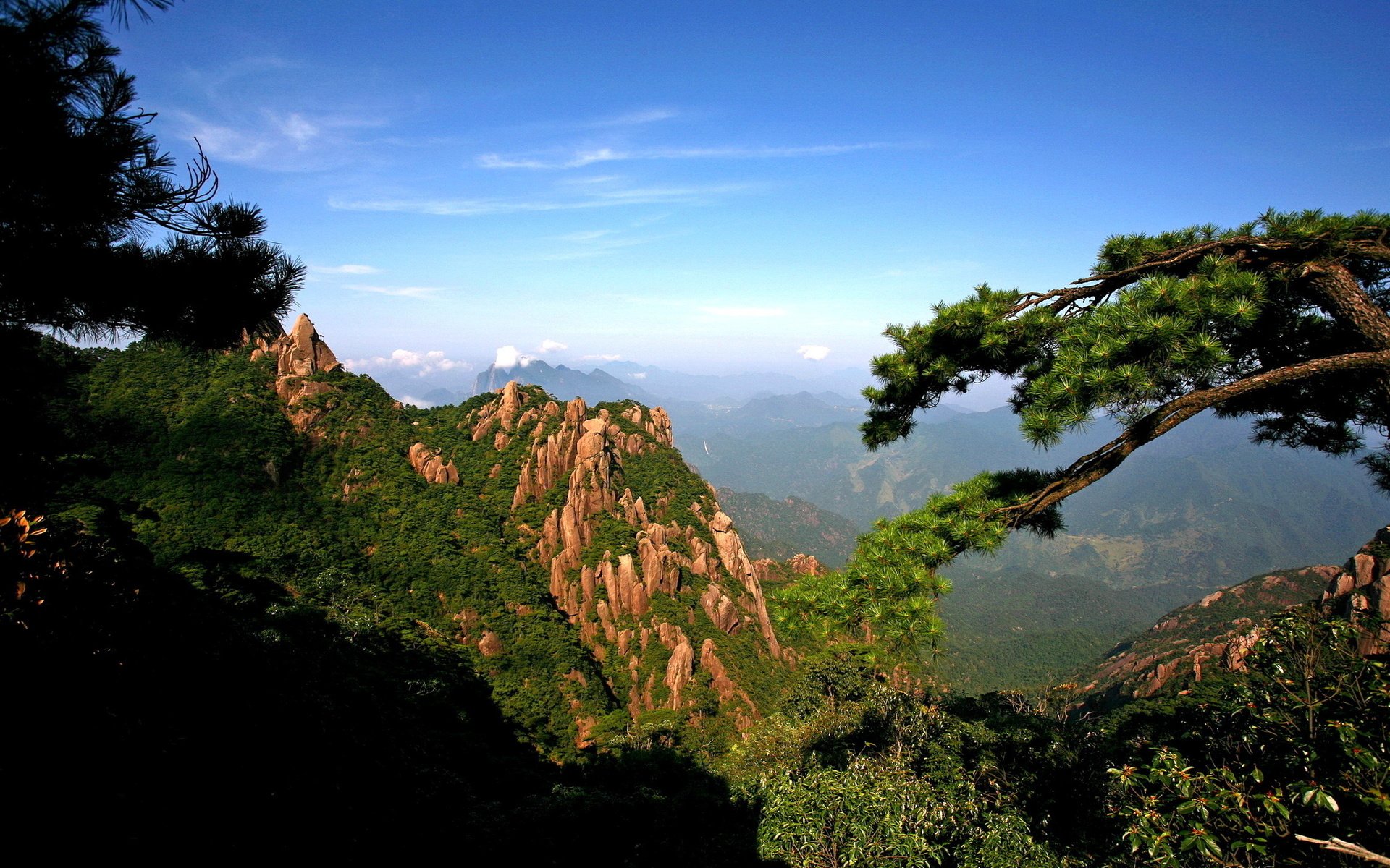 Обои небо, деревья, горы, скалы, ущелье, the sky, trees, mountains, rocks, gorge разрешение 2340x1400 Загрузить