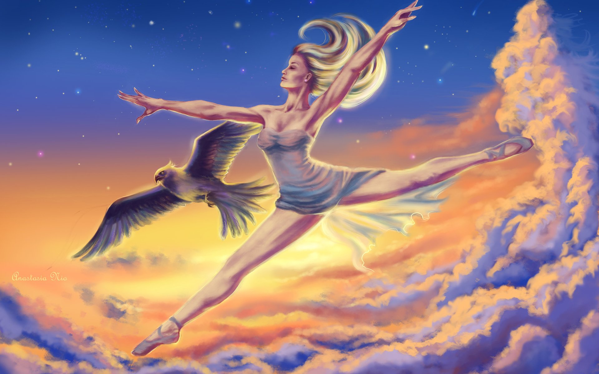 Скачать обои небо, арт, облака, девушка, профиль разрешение 1920x1200  #122654