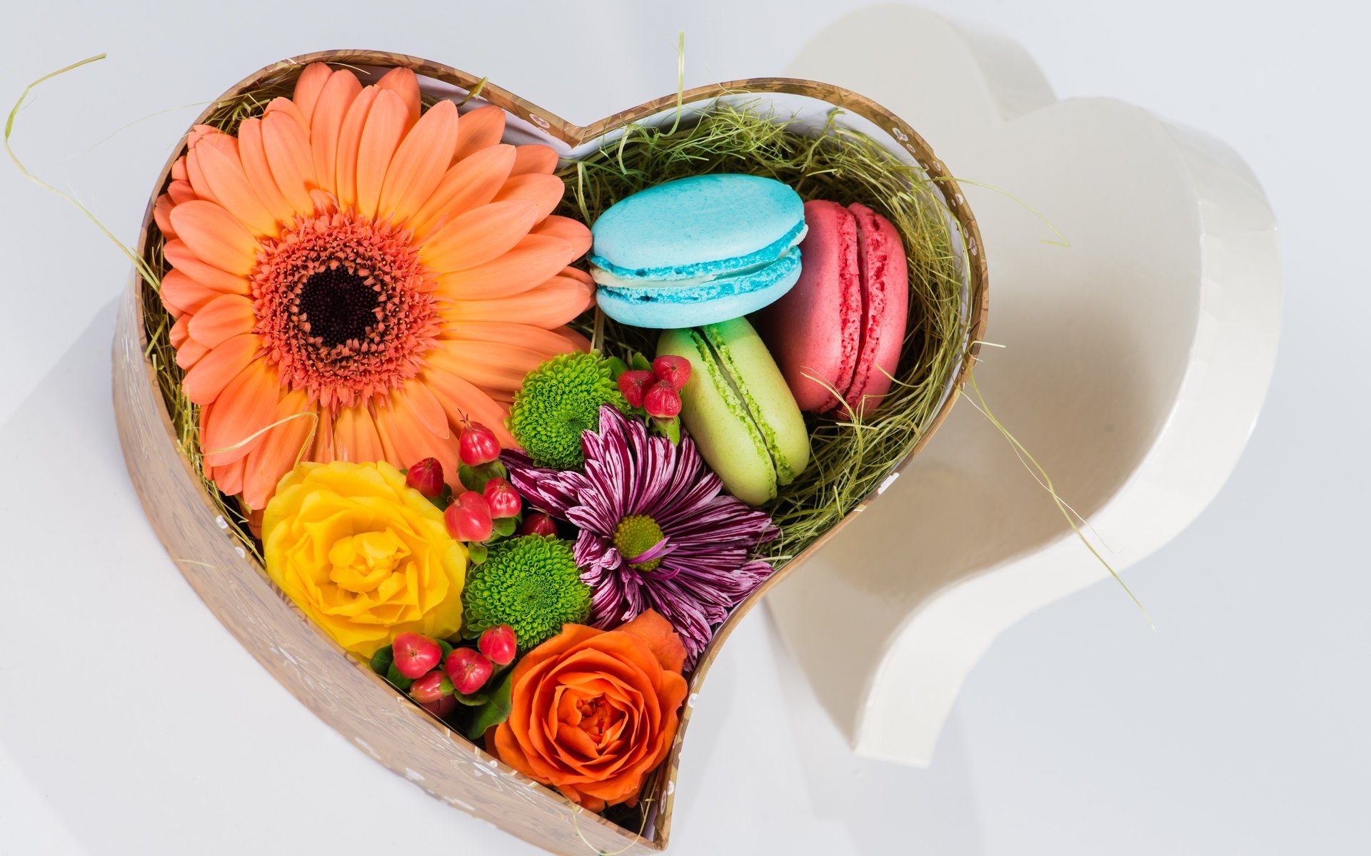 Обои цветы, сердечко, подарок, коробка, печенье, макаруны, flowers, heart, gift, box, cookies, macaroon разрешение 7360x4912 Загрузить