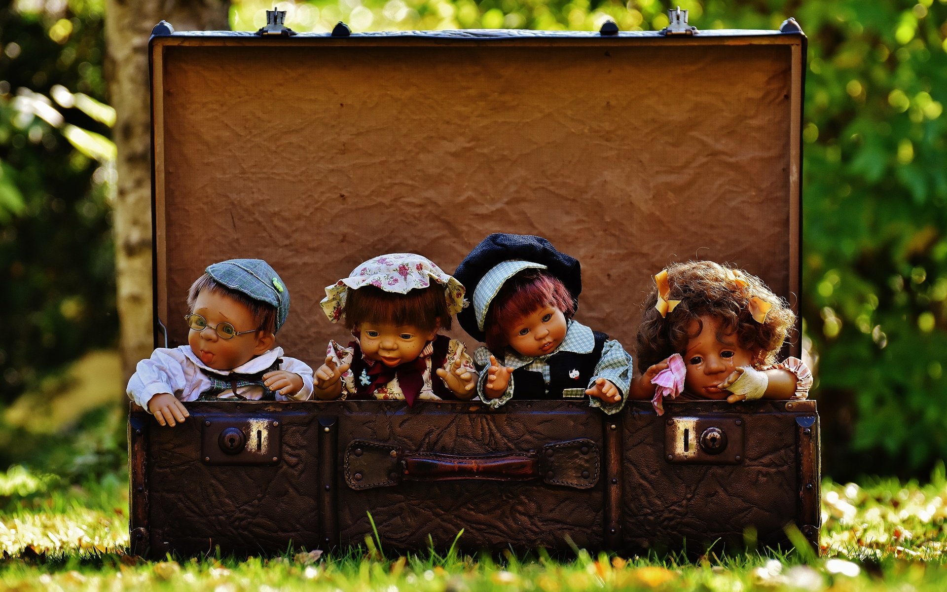 Обои трава, природа, игрушки, чемодан, куклы, grass, nature, toys, suitcase, doll разрешение 5996x3994 Загрузить
