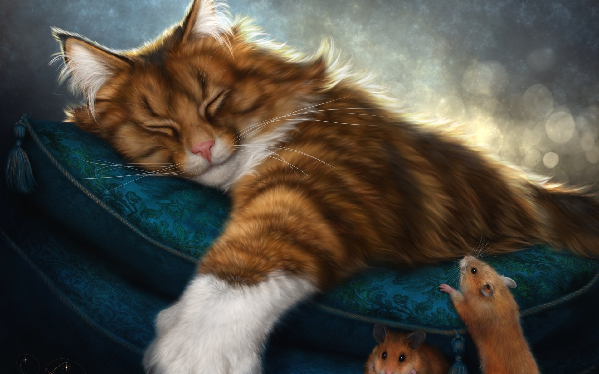 Обои арт, кот, сон, рыжий, мыши, подушка, art, cat, sleep, red, mouse, pillow разрешение 3000x2271 Загрузить