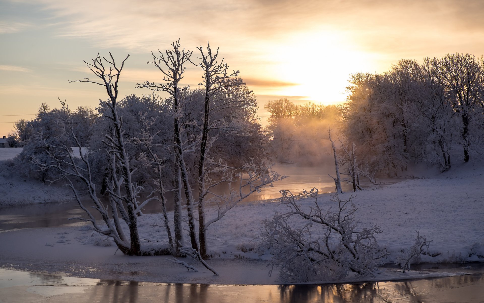 Обои деревья, река, снег, зима, утро, trees, river, snow, winter, morning разрешение 2048x1365 Загрузить