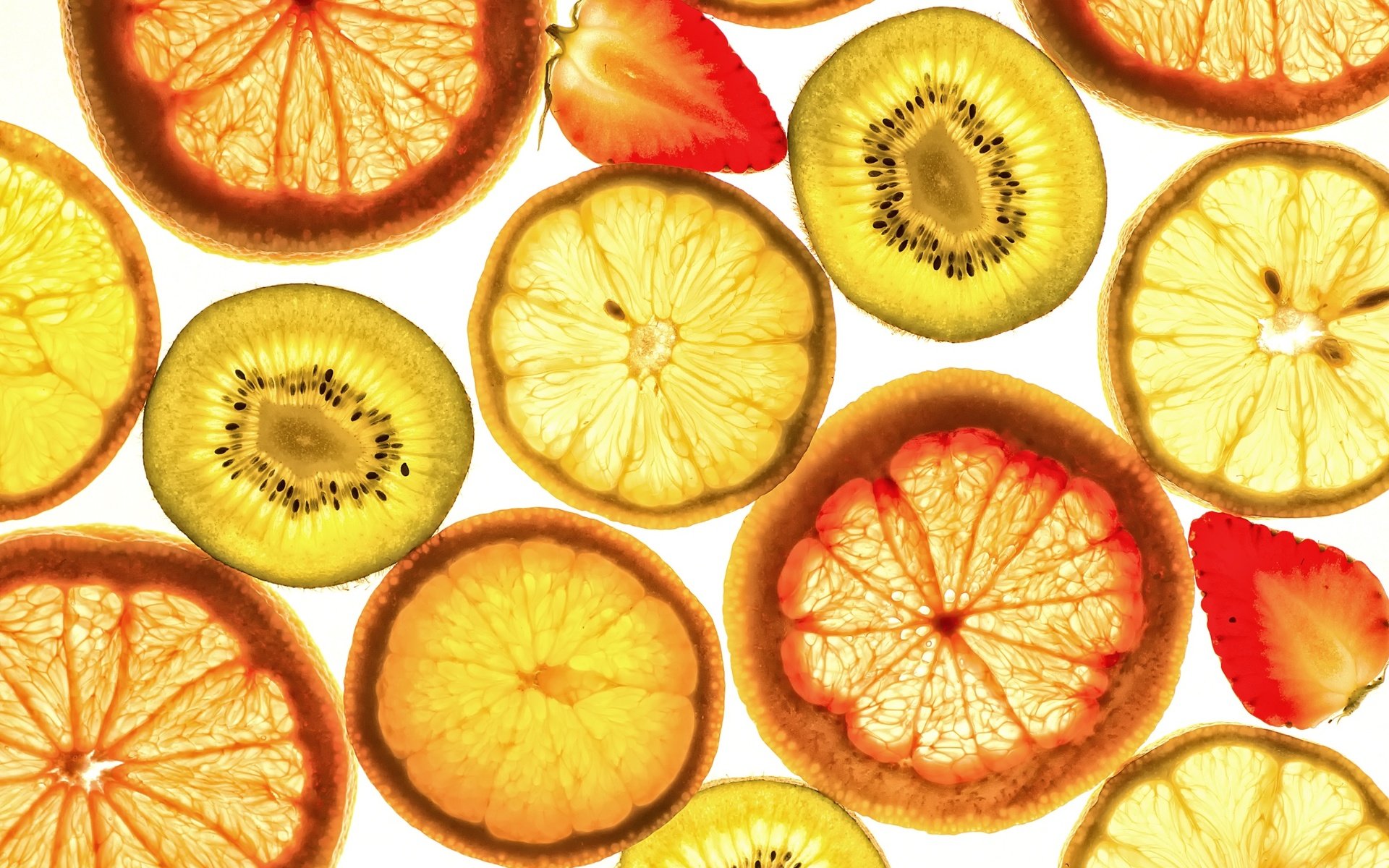 Обои макро, цитрусы, фрукты, клубника, лимон, ягоды, апельсин, дольки, киви, macro, citrus, fruit, strawberry, lemon, berries, orange, slices, kiwi разрешение 2400x1600 Загрузить