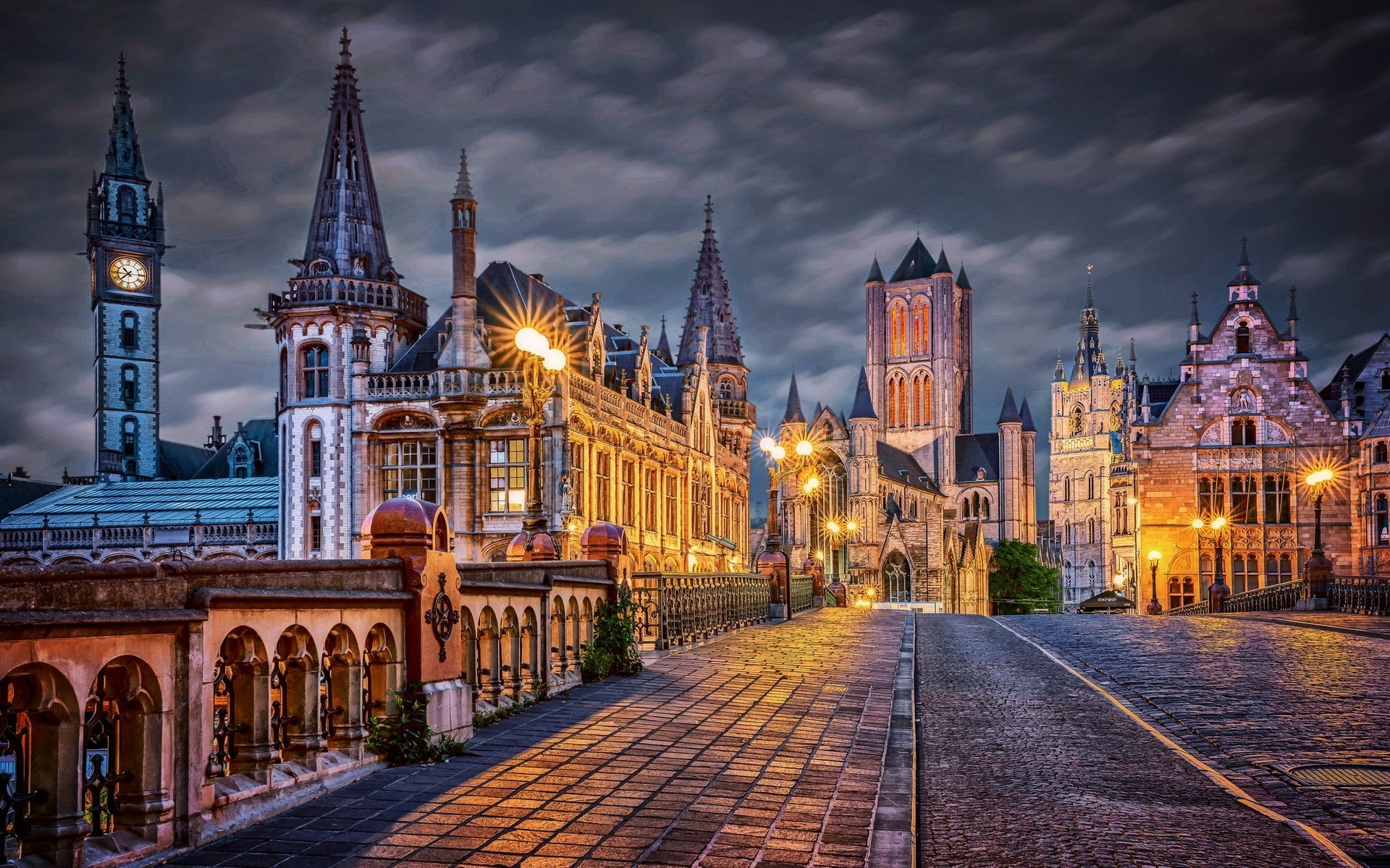 Обои ночь, огни, здания, мостовая, бельгия, гент, night, lights, building, bridge, belgium, ghent разрешение 2048x1342 Загрузить