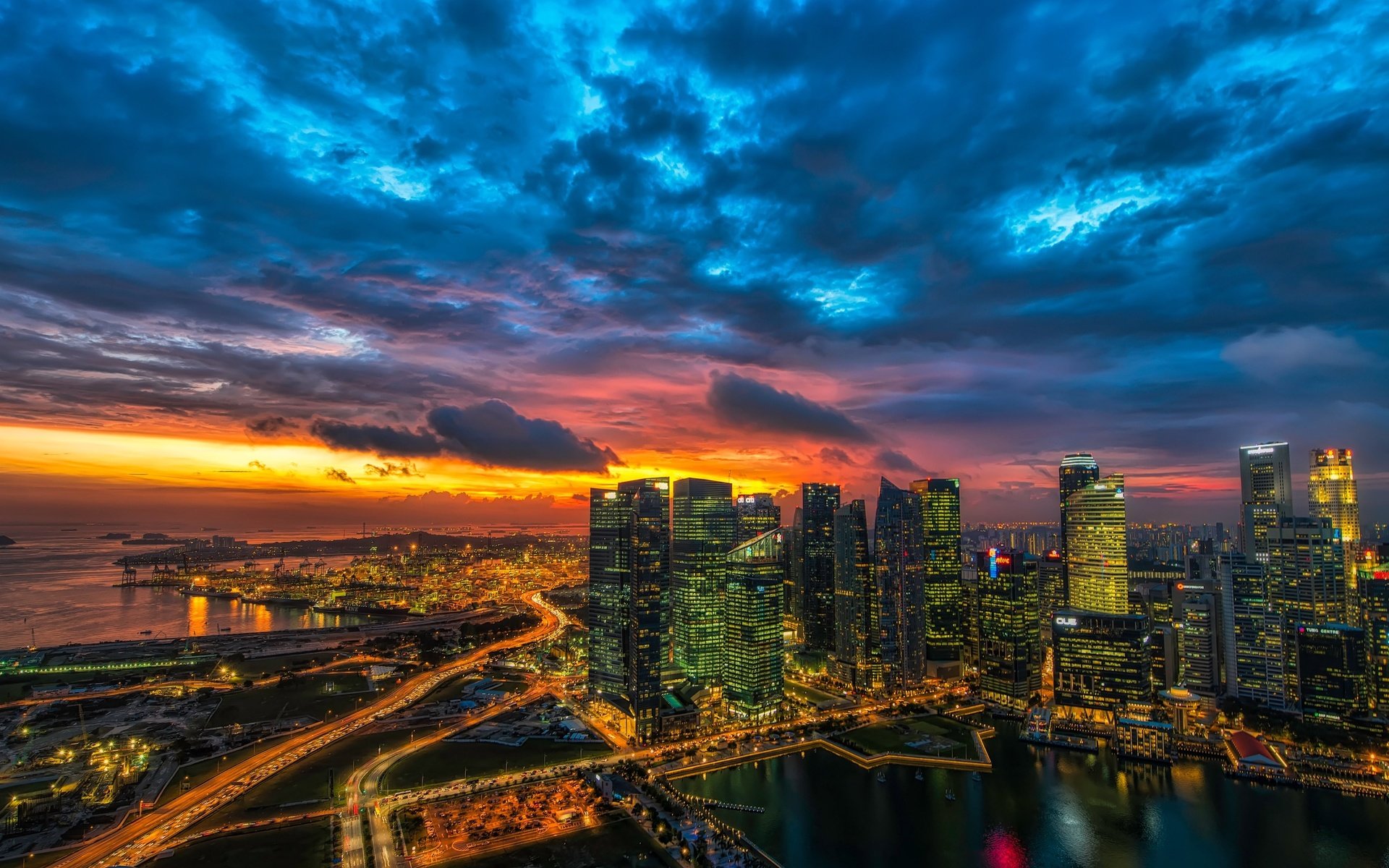 Обои облака, закат, город, небоскребы, мегаполис, сингапур, clouds, sunset, the city, skyscrapers, megapolis, singapore разрешение 3840x2160 Загрузить