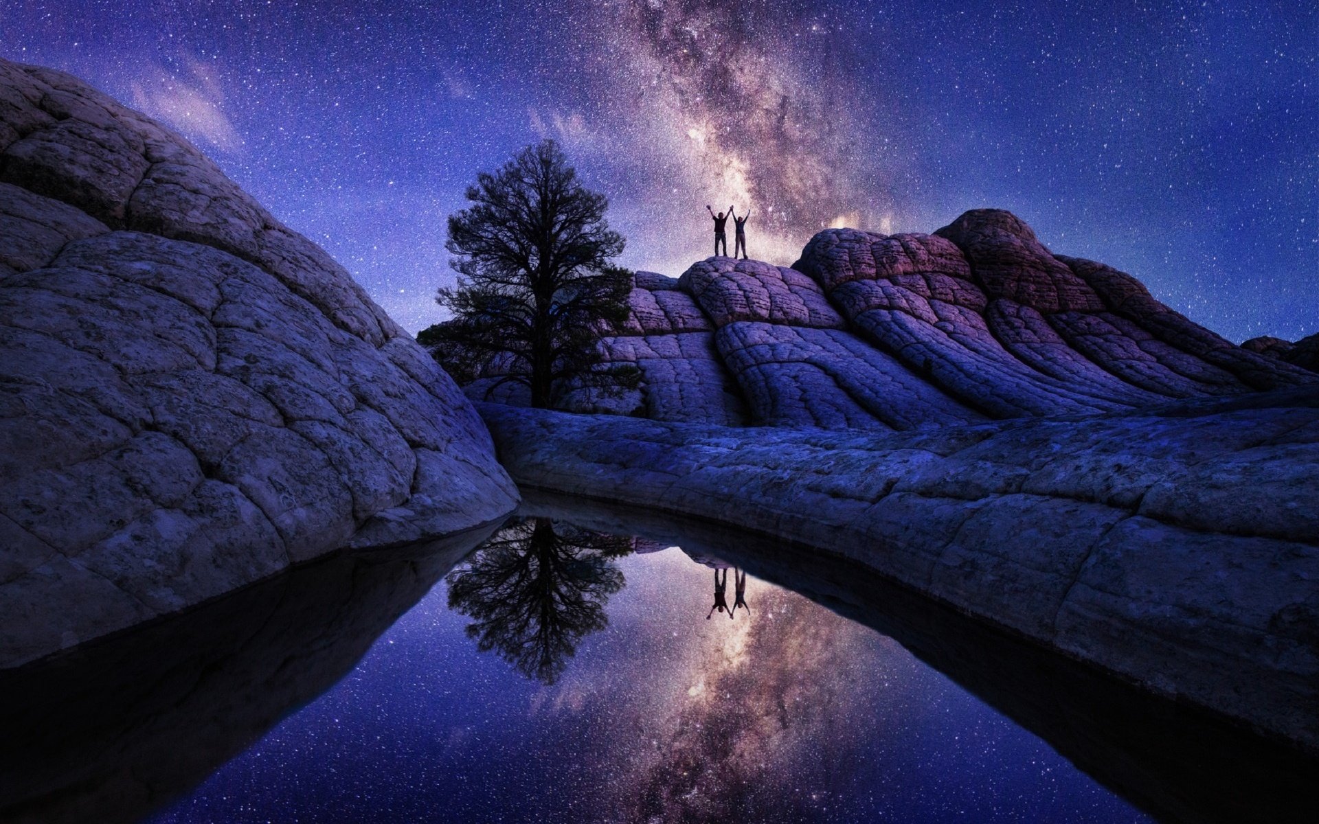 Обои ночь, космос, камни, отражение, звезды, сша, аризона, alex suloev, night, space, stones, reflection, stars, usa, az разрешение 1920x1365 Загрузить