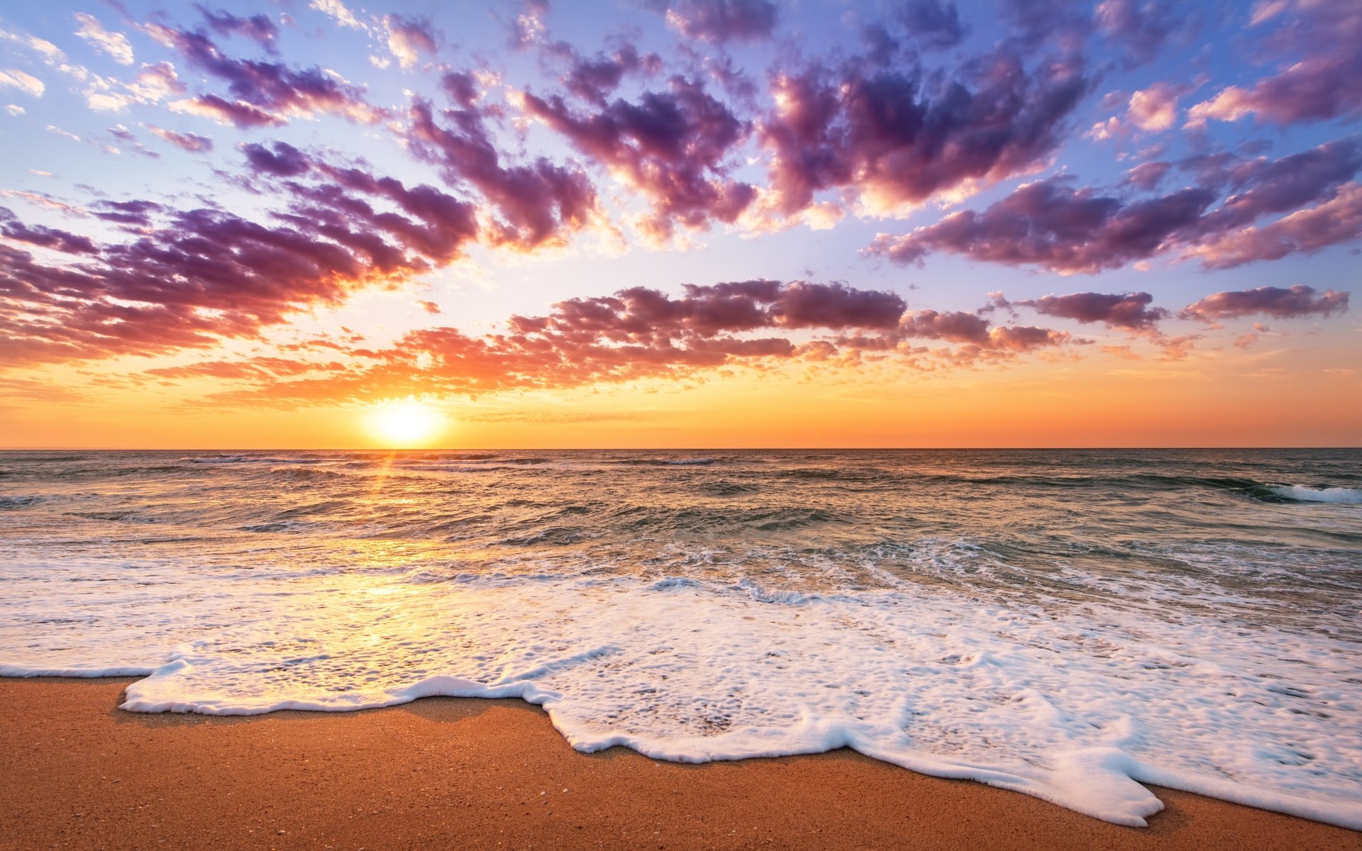 Обои волны, закат, пейзаж, море, песок, пляж, wave, sunset, landscape, sea, sand, beach разрешение 2880x1800 Загрузить
