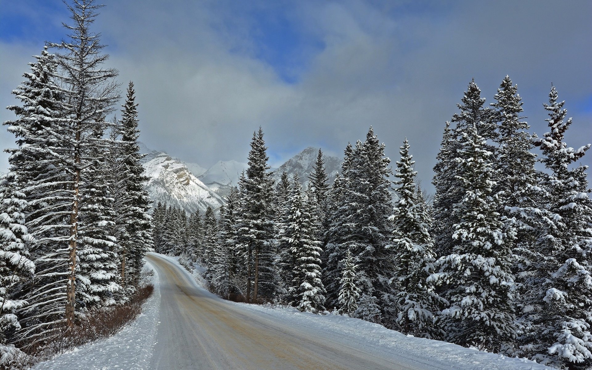 Обои дорога, горы, зима, пейзаж, национальный парк банф, road, mountains, winter, landscape, banff national park разрешение 2048x1366 Загрузить