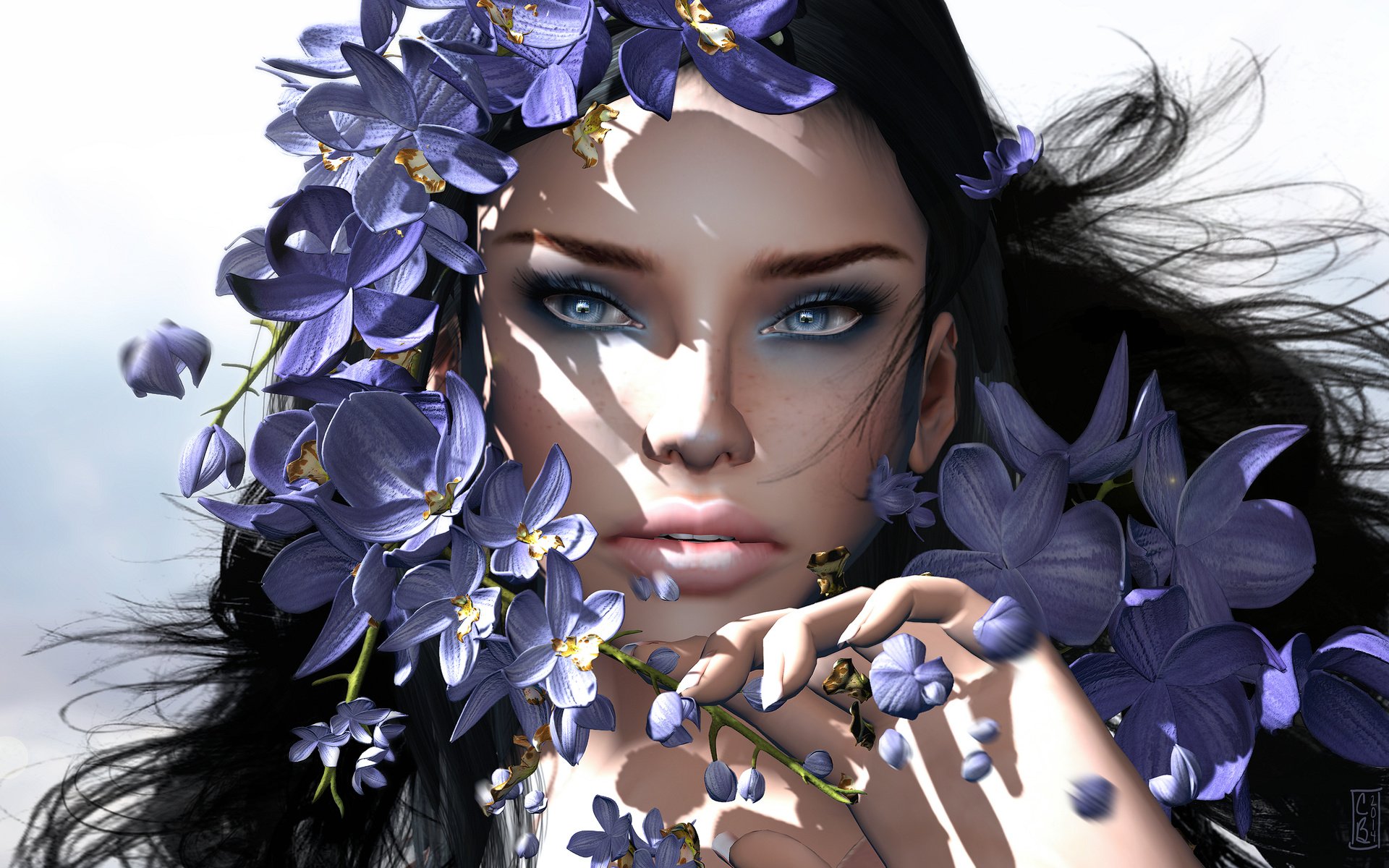 Обои цветы, девушка, взгляд, волосы, лицо, орхидеи, flowers, girl, look, hair, face, orchids разрешение 2880x1800 Загрузить