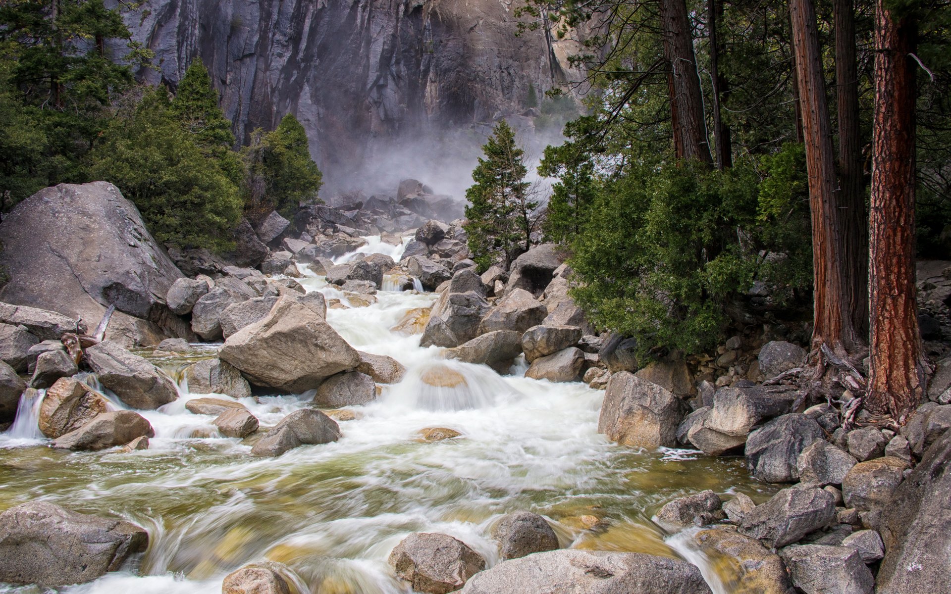 Обои скалы, природа, камни, лес, сша, горная река, йосемити, rocks, nature, stones, forest, usa, mountain river, yosemite разрешение 4945x3300 Загрузить