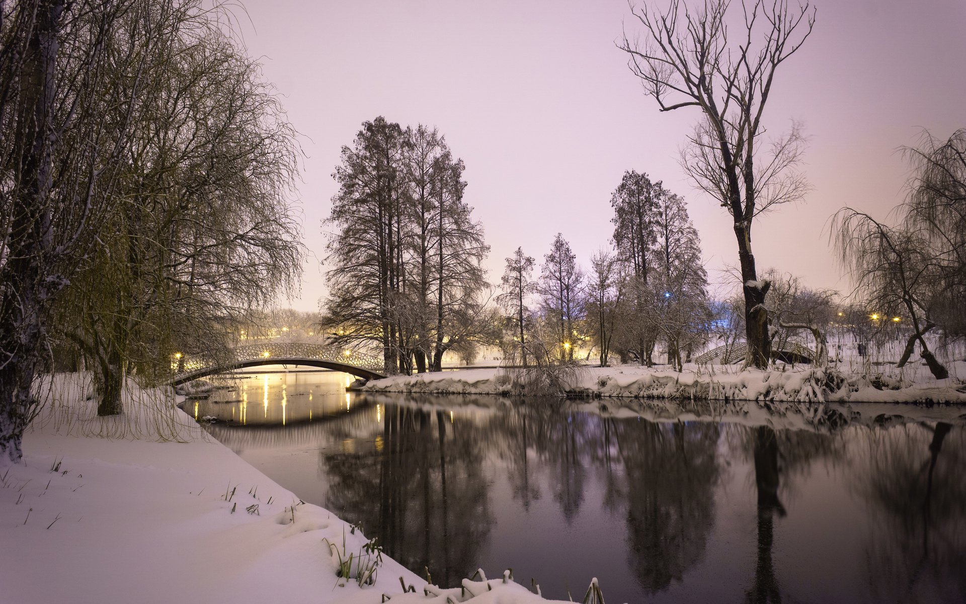 Обои река, природа, зима, пейзаж, парк, мост, river, nature, winter, landscape, park, bridge разрешение 3840x2400 Загрузить