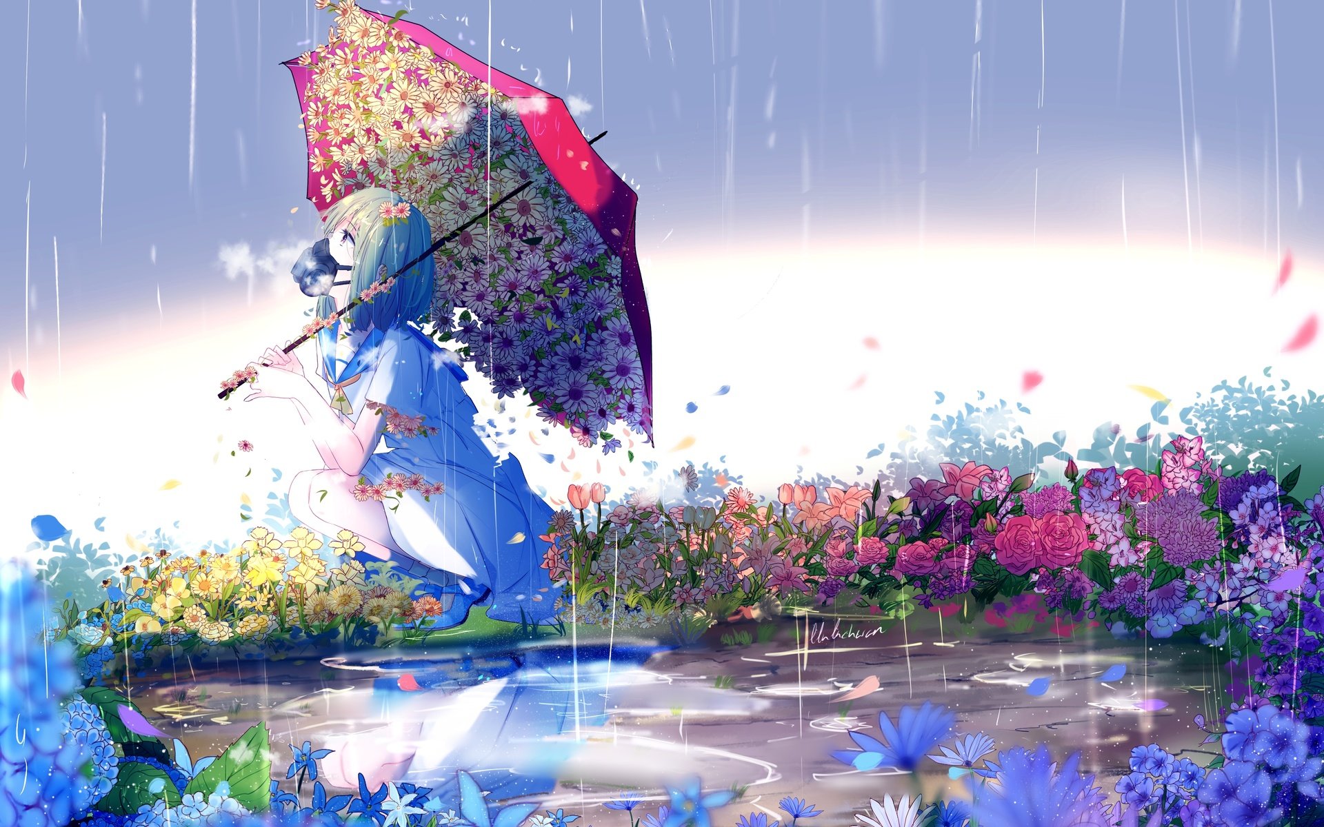 Обои цветы, девушка, аниме, дождь, зонтик, противогаз, flowers, girl, anime, rain, umbrella, gas mask разрешение 3507x2480 Загрузить