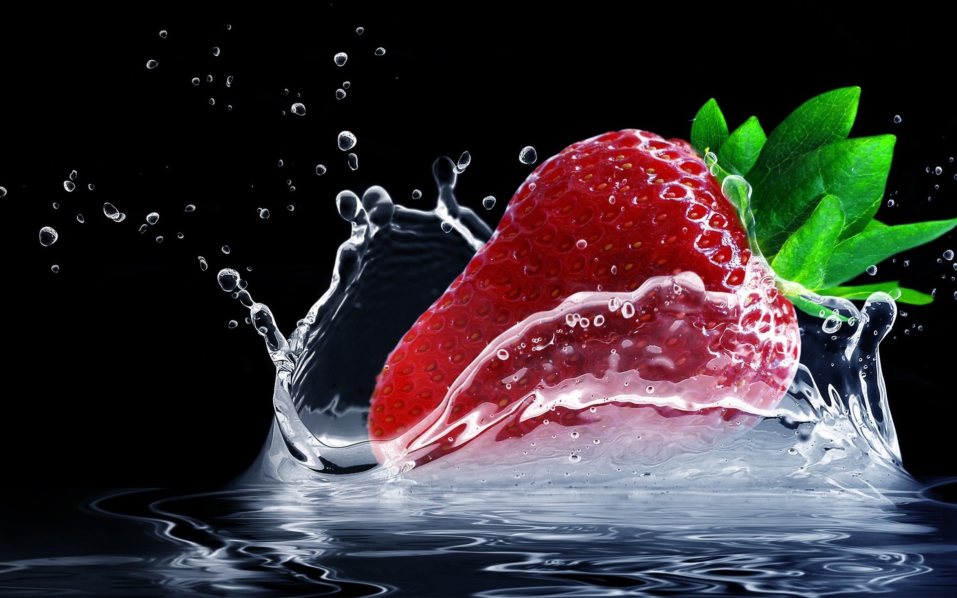 Обои вода, капли, клубника, брызги, черный фон, всплеск, water, drops, strawberry, squirt, black background, splash разрешение 2560x1440 Загрузить