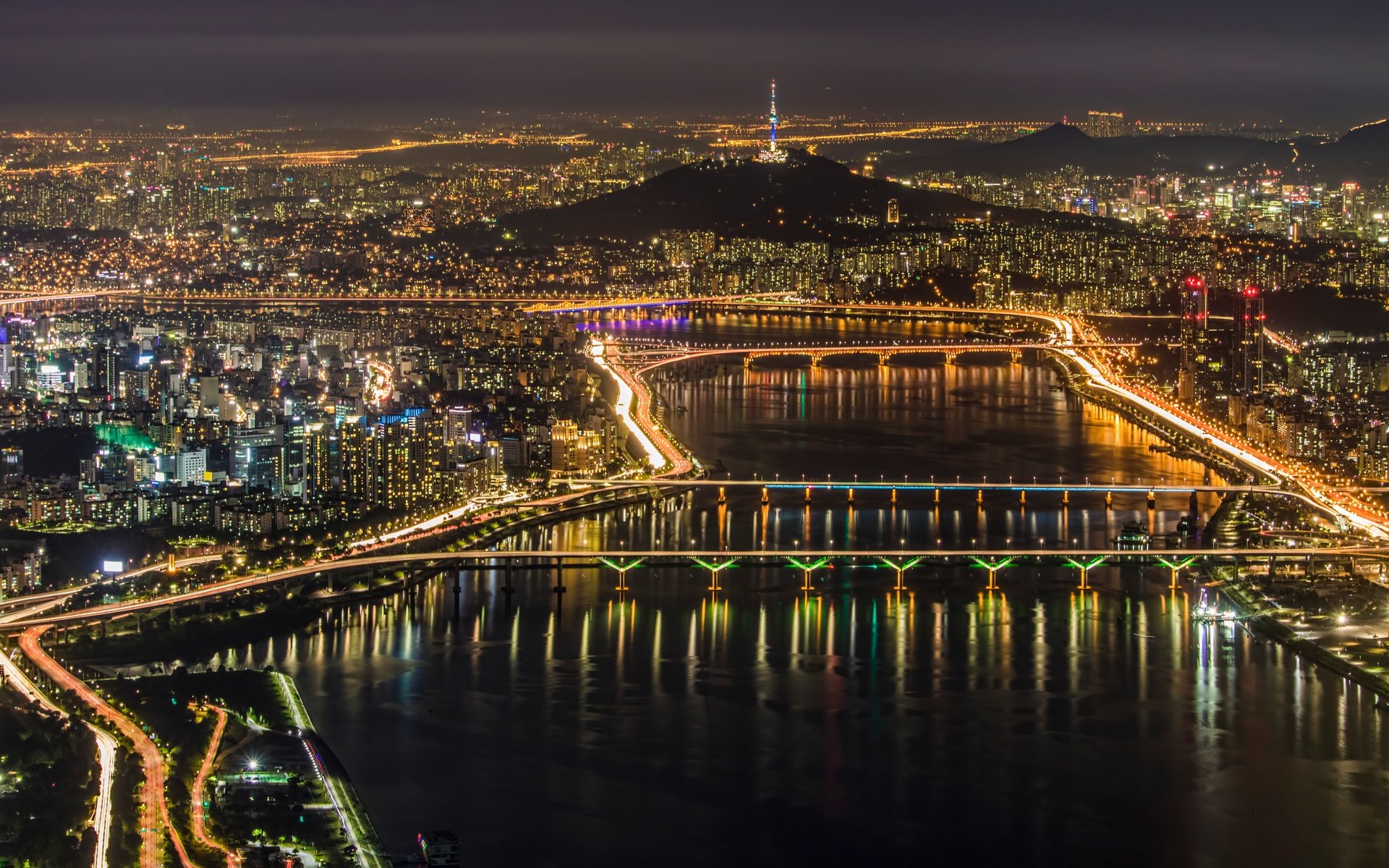 Обои огни, панорама, город, мегаполис, сеул, южная корея, lights, panorama, the city, megapolis, seoul, south korea разрешение 6000x3926 Загрузить