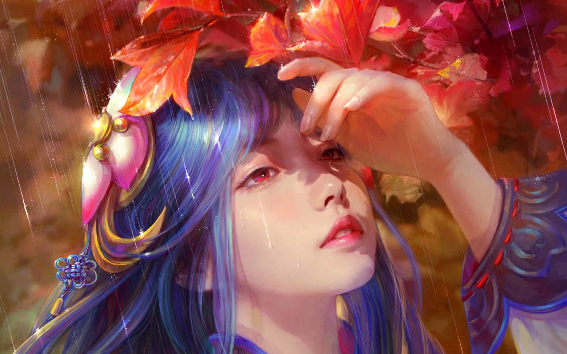 Обои cao yuwen, арт, рука, листья, девушка, дождь, лицо, красные глаза, голубые волосы, art, hand, leaves, girl, rain, face, red eyes, blue hair разрешение 1920x1650 Загрузить