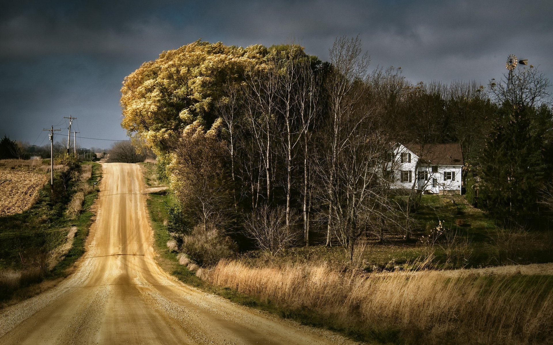 Обои небо, дорога, деревья, дом, сша, лэп, ферма, jody miller, айова, iowa, the sky, road, trees, house, usa, power lines, farm разрешение 2048x1333 Загрузить