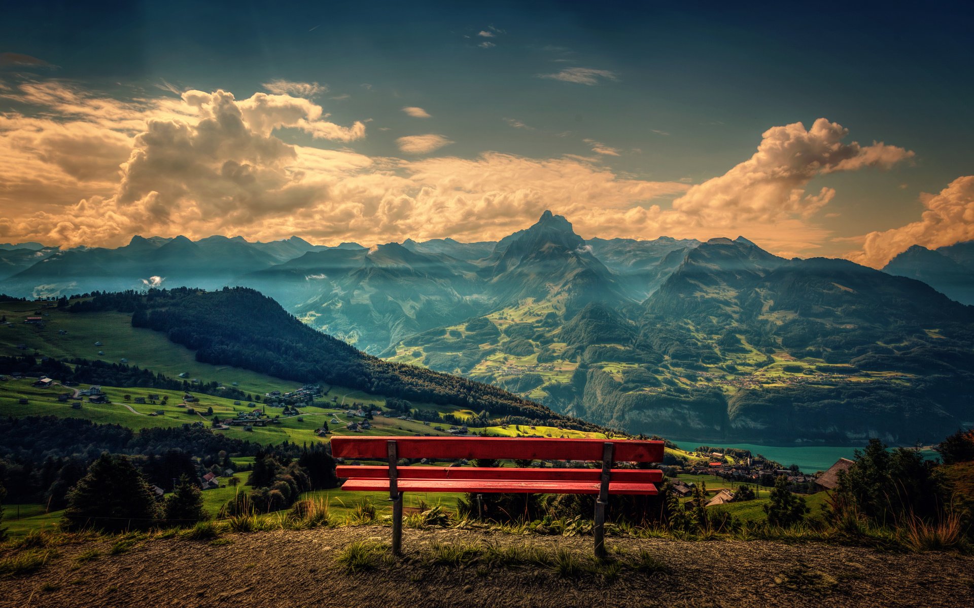 Обои небо, облака, горы, природа, пейзаж, панорама, скамейка, лавка, the sky, clouds, mountains, nature, landscape, panorama, bench, shop разрешение 5616x3370 Загрузить