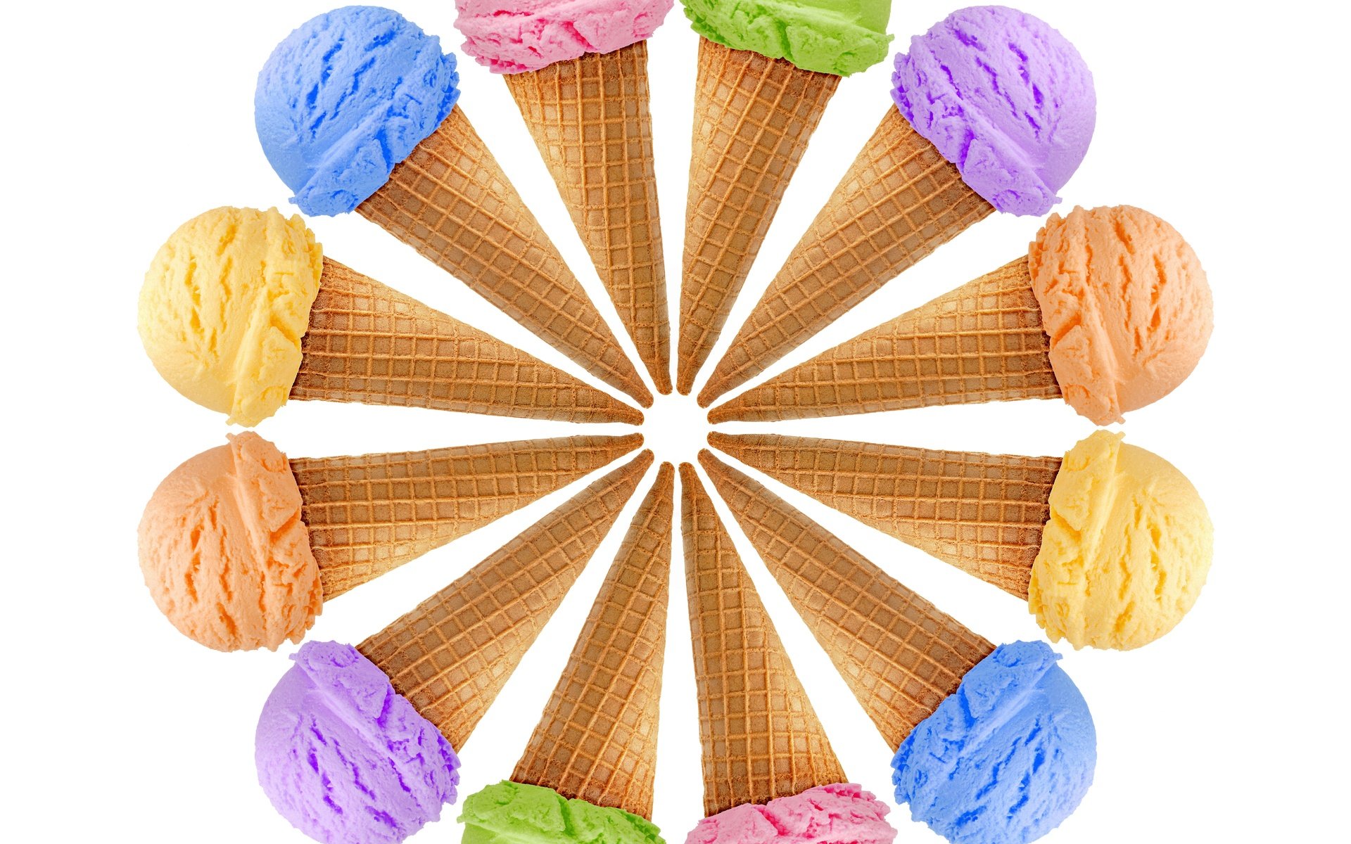 Обои мороженое, белый фон, разноцветное, рожок, сладкое, десерт, вафли, дес, ice cream, white background, colorful, horn, sweet, dessert, waffles, des разрешение 8000x7000 Загрузить
