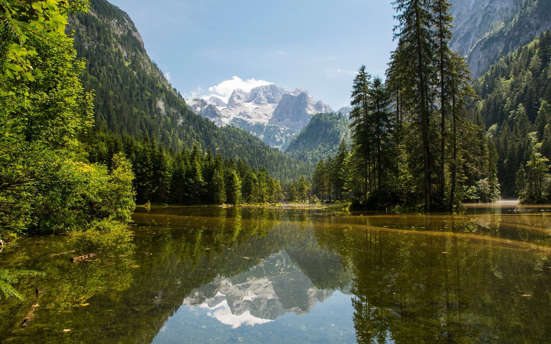 Обои небо, gosau, деревья, озеро, горы, скалы, солнце, лес, австрия, the sky, trees, lake, mountains, rocks, the sun, forest, austria разрешение 2048x1365 Загрузить