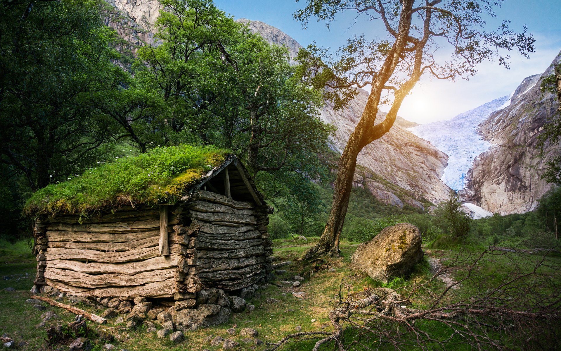 Обои деревья, горы, природа, мох, сарай, хижина, trees, mountains, nature, moss, the barn, hut разрешение 3840x2400 Загрузить