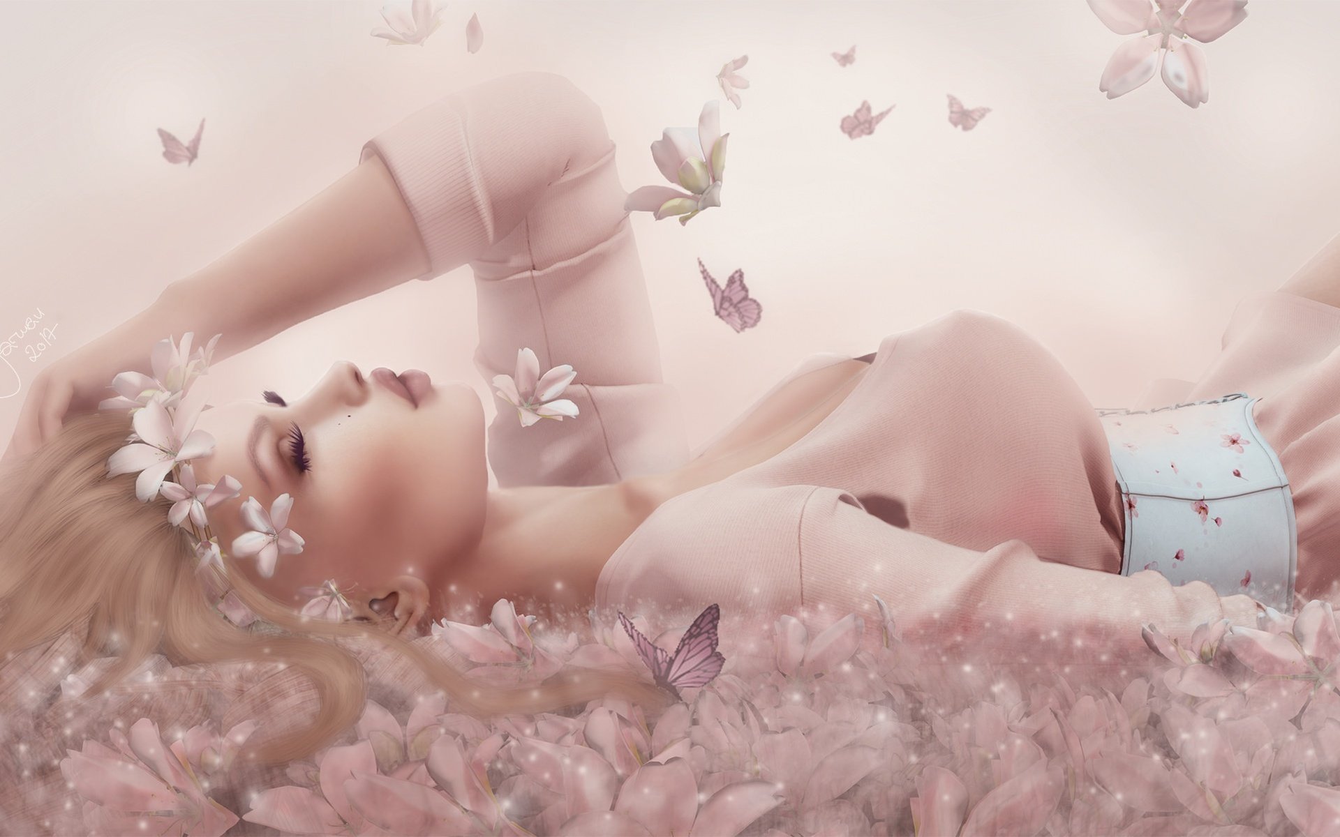 Обои цветы, девушка, лицо, бабочки, макияж, закрытые глаза, flowers, girl, face, butterfly, makeup, closed eyes разрешение 2048x1202 Загрузить