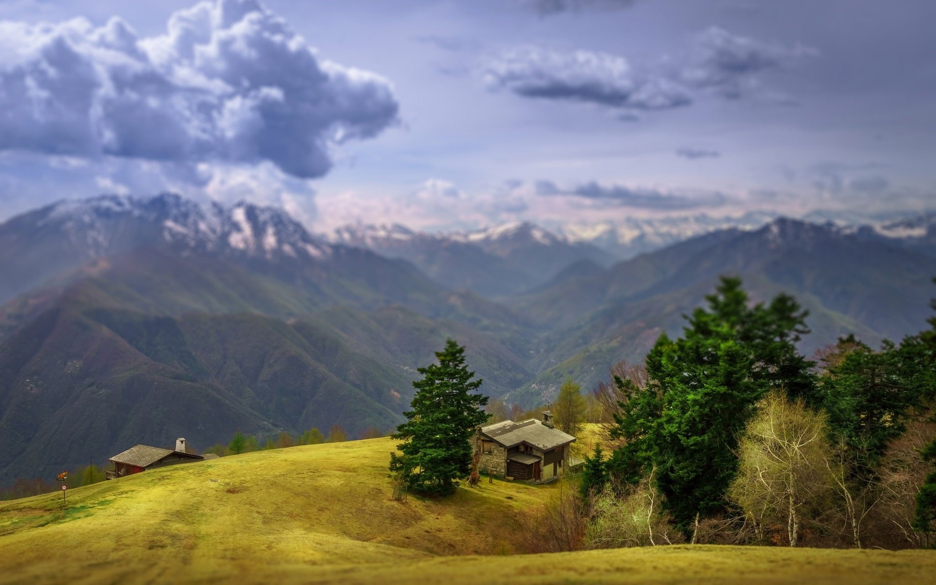 Обои небо, облака, деревья, горы, домики, швейцария, the sky, clouds, trees, mountains, houses, switzerland разрешение 2048x1367 Загрузить