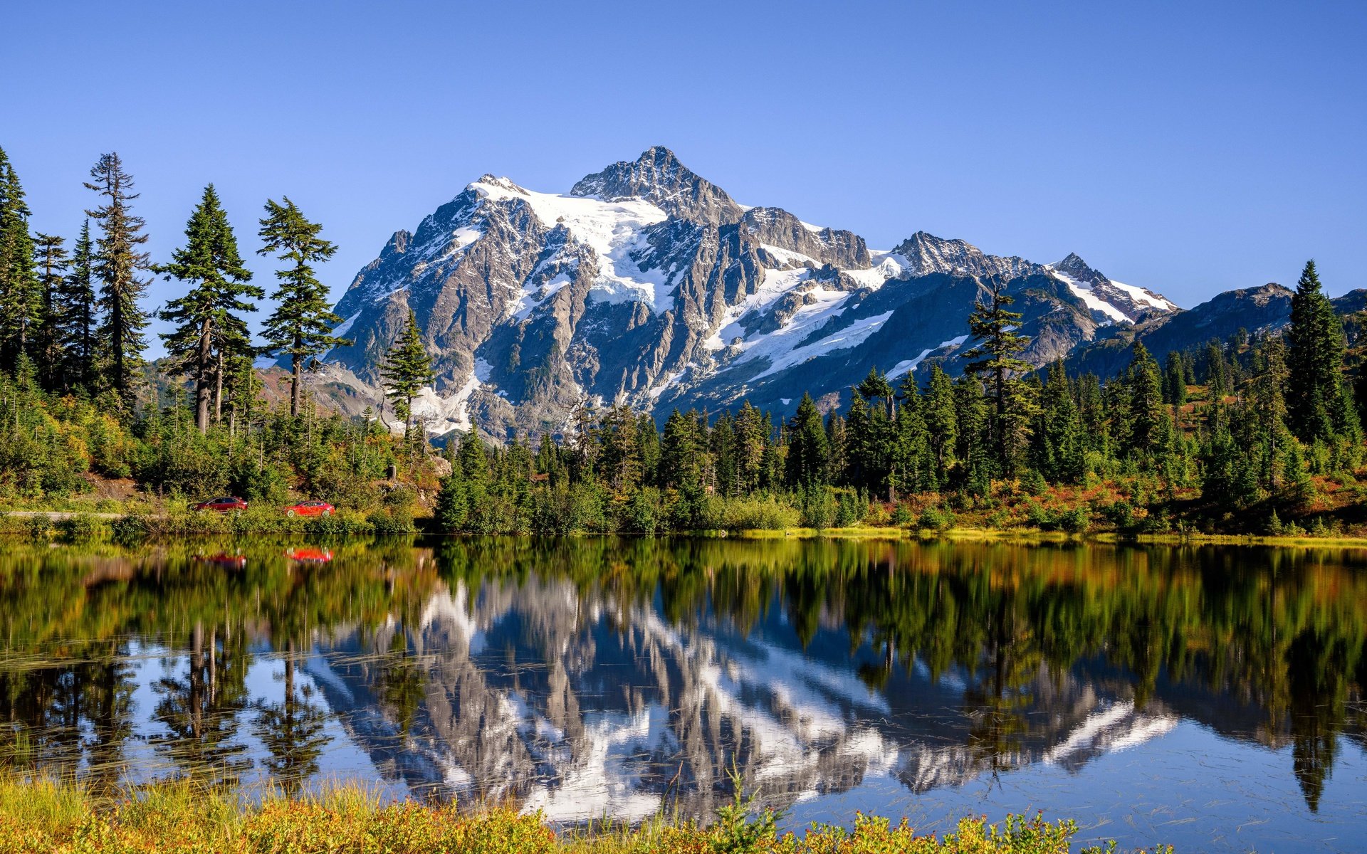 Обои деревья, озеро, горы, лес, отражение, штате вашингтон, cascade range, trees, lake, mountains, forest, reflection, washington state разрешение 6144x4096 Загрузить