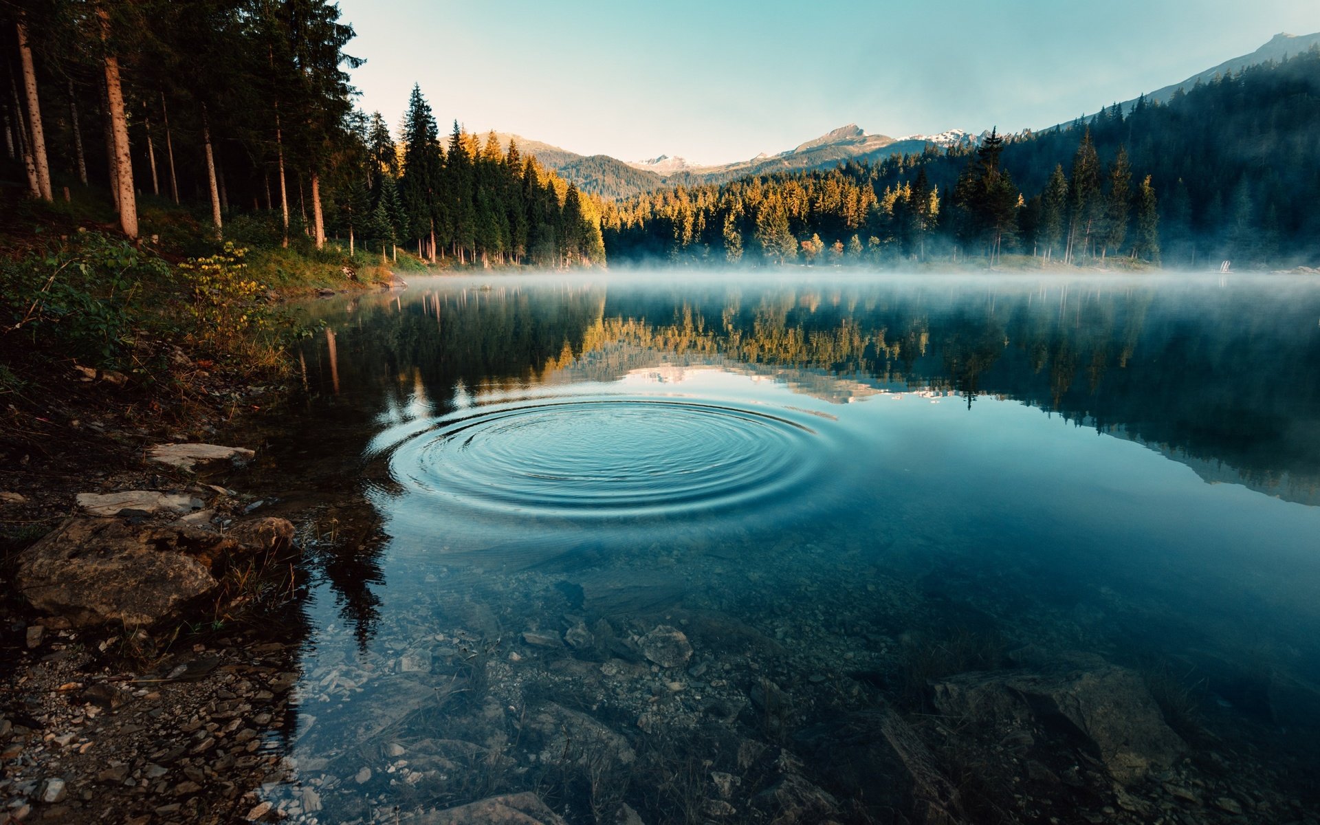 Обои небо, озеро, горы, природа, лес, утро, туман, круги, the sky, lake, mountains, nature, forest, morning, fog, circles разрешение 2560x1707 Загрузить