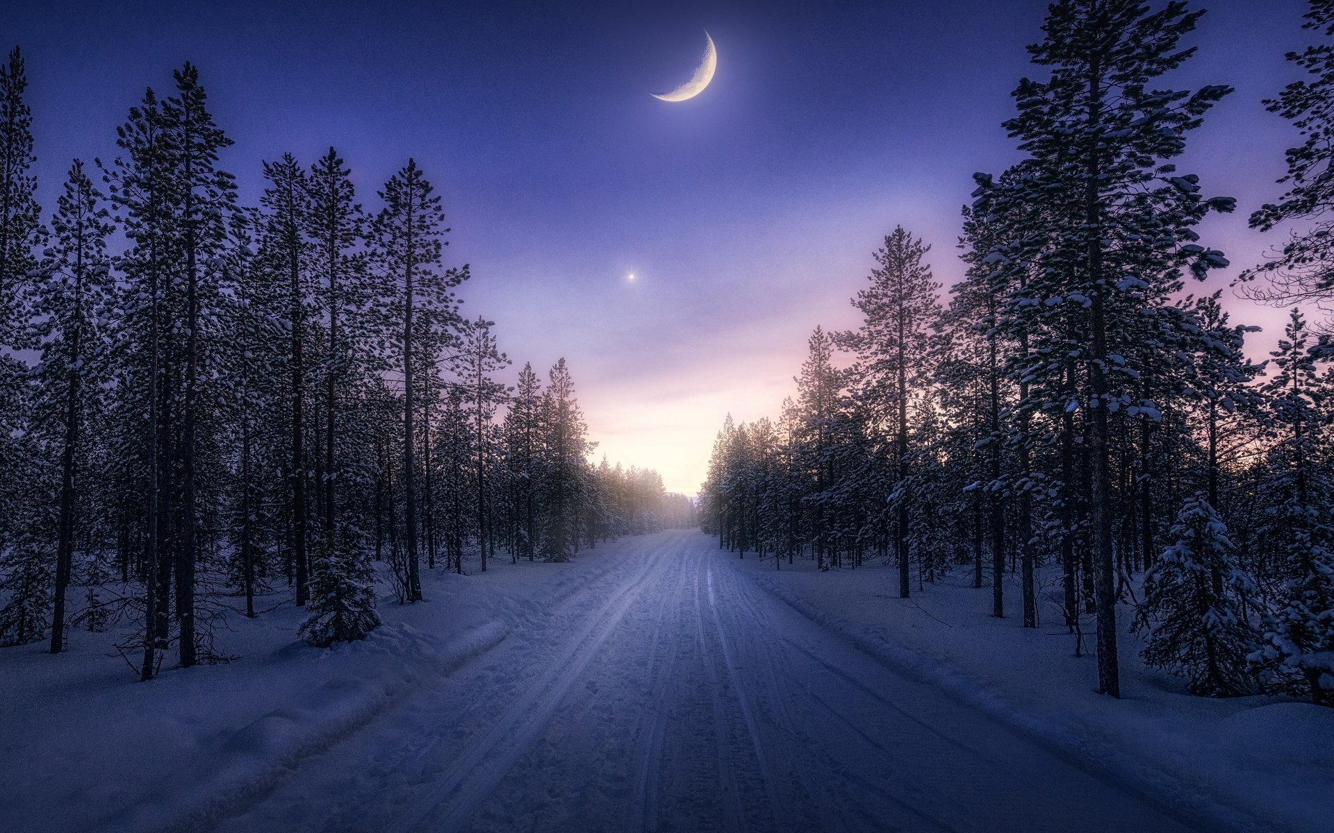 Обои дорога, зима, луна, road, winter, the moon разрешение 3840x2160 Загрузить