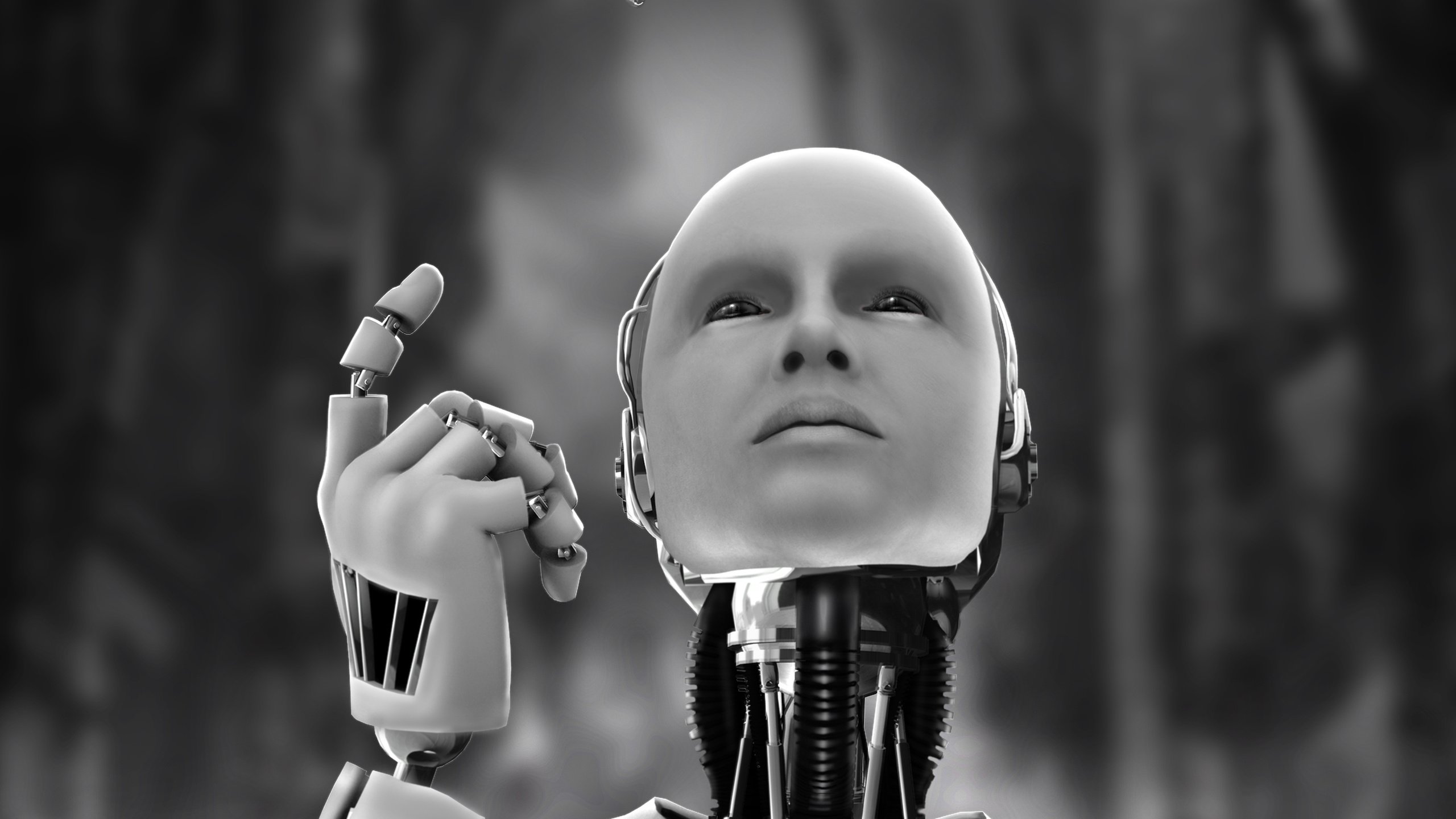 Обои капля, чёрно-белое, робот, андроид, drop, black and white, robot, android разрешение 3009x1895 Загрузить