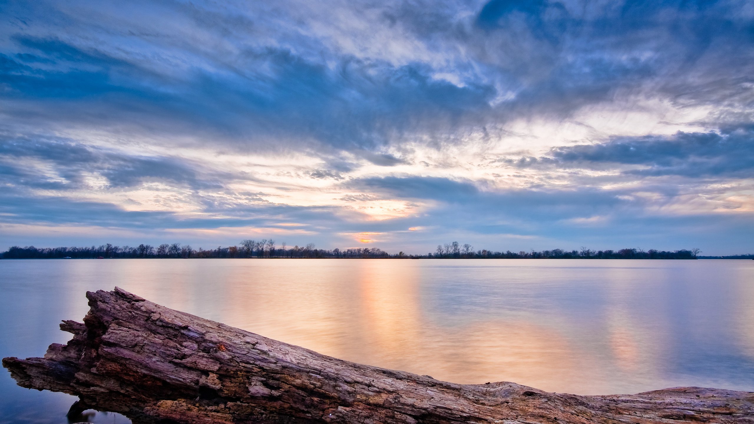 Обои небо, облака, озеро, река, дерево, пейзаж, бревно, the sky, clouds, lake, river, tree, landscape, log разрешение 2560x1600 Загрузить