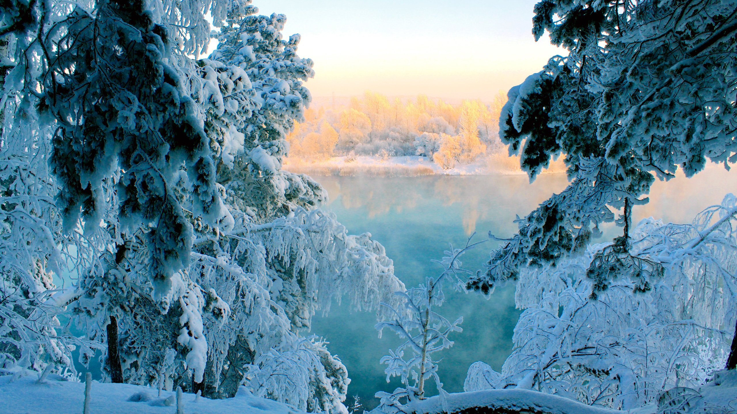 Обои река, снег, зима, river, snow, winter разрешение 2560x1600 Загрузить