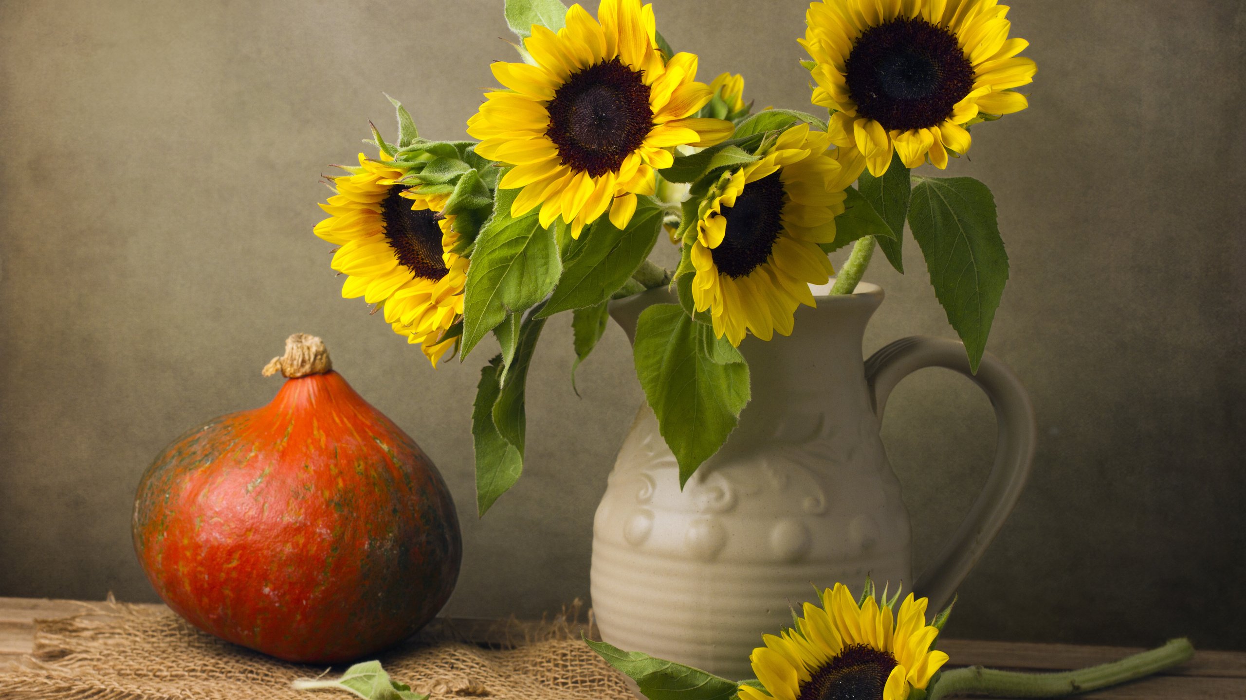 Обои подсолнух, ваза, тыква, натюрморт, sunflower, vase, pumpkin, still life разрешение 4476x3456 Загрузить