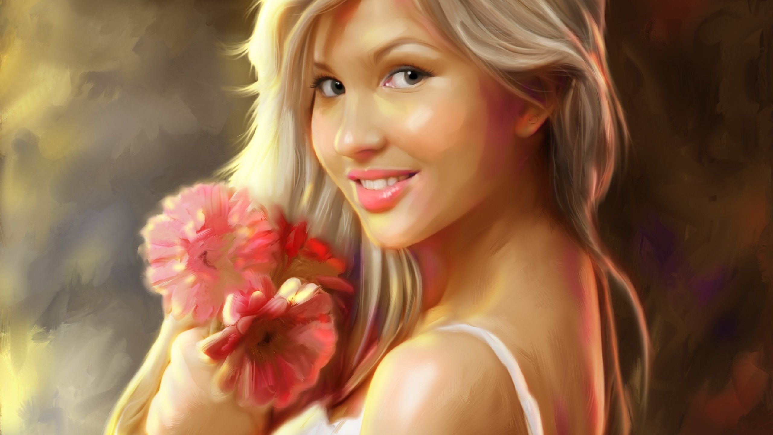 Обои цветы, арт, девушка, блондинка, улыбка, flowers, art, girl, blonde, smile разрешение 2842x2344 Загрузить