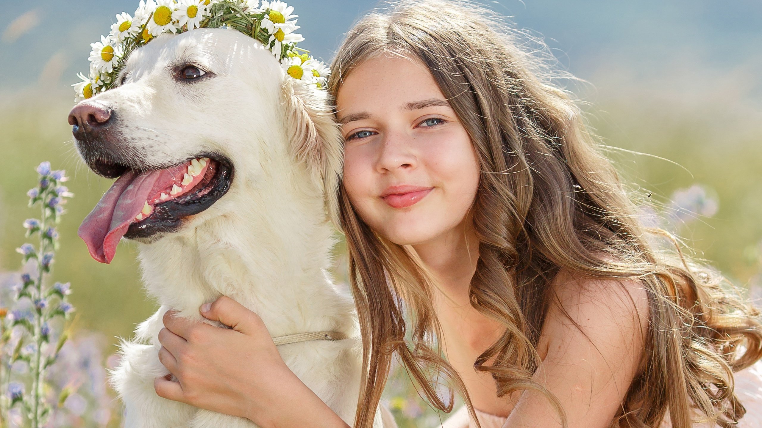 Обои цветы, улыбка, взгляд, собака, дети, девочка, венок, flowers, smile, look, dog, children, girl, wreath разрешение 5602x3400 Загрузить