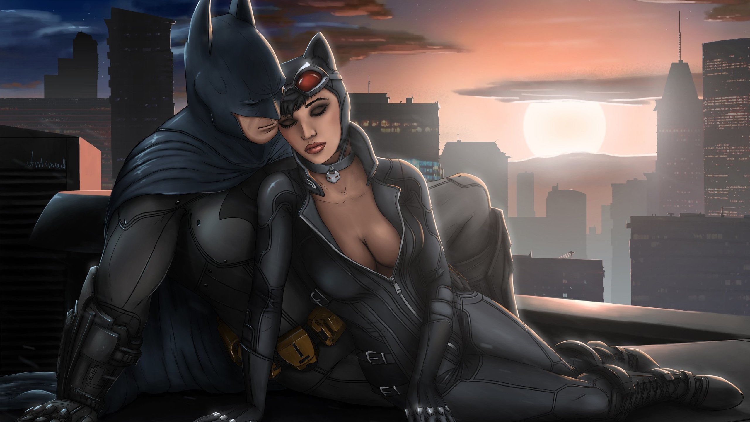Загрузить обои крыша, костюмы, batman:arkham city, batman x catwoman, roof,...