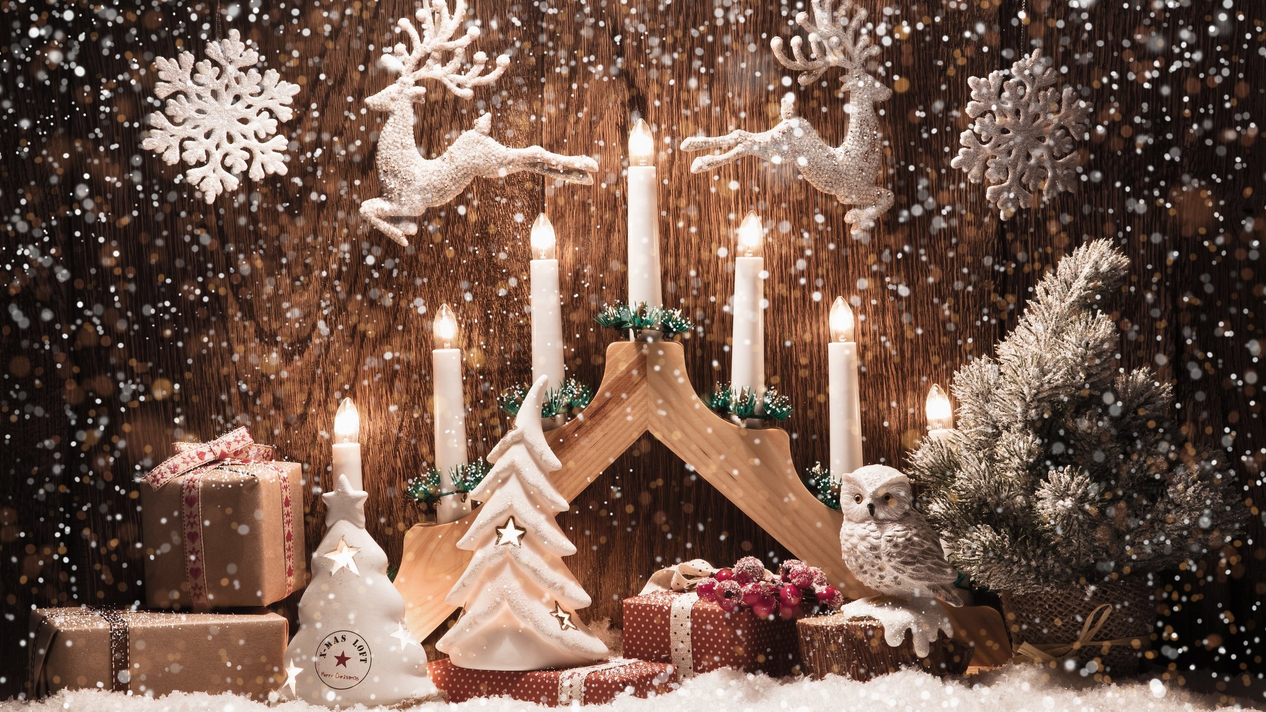 Обои свечи, снежинки, игрушки, олени, счастливого рождества, candles, snowflakes, toys, deer, merry christmas разрешение 5616x3744 Загрузить