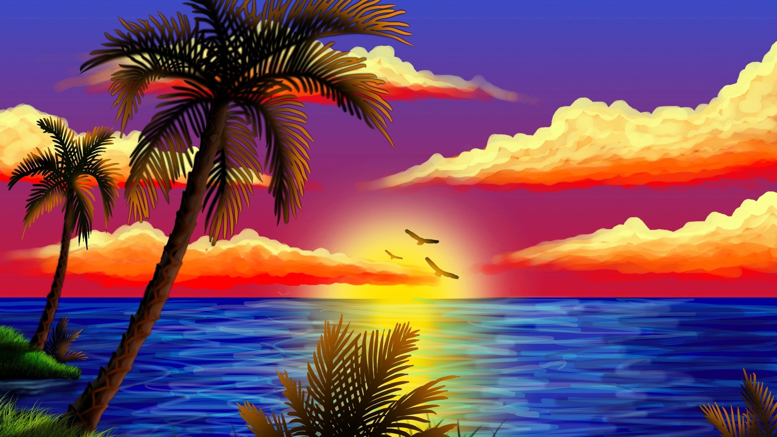 Обои закат, море, пальмы, sunset, sea, palm trees разрешение 2560x1600 Загрузить