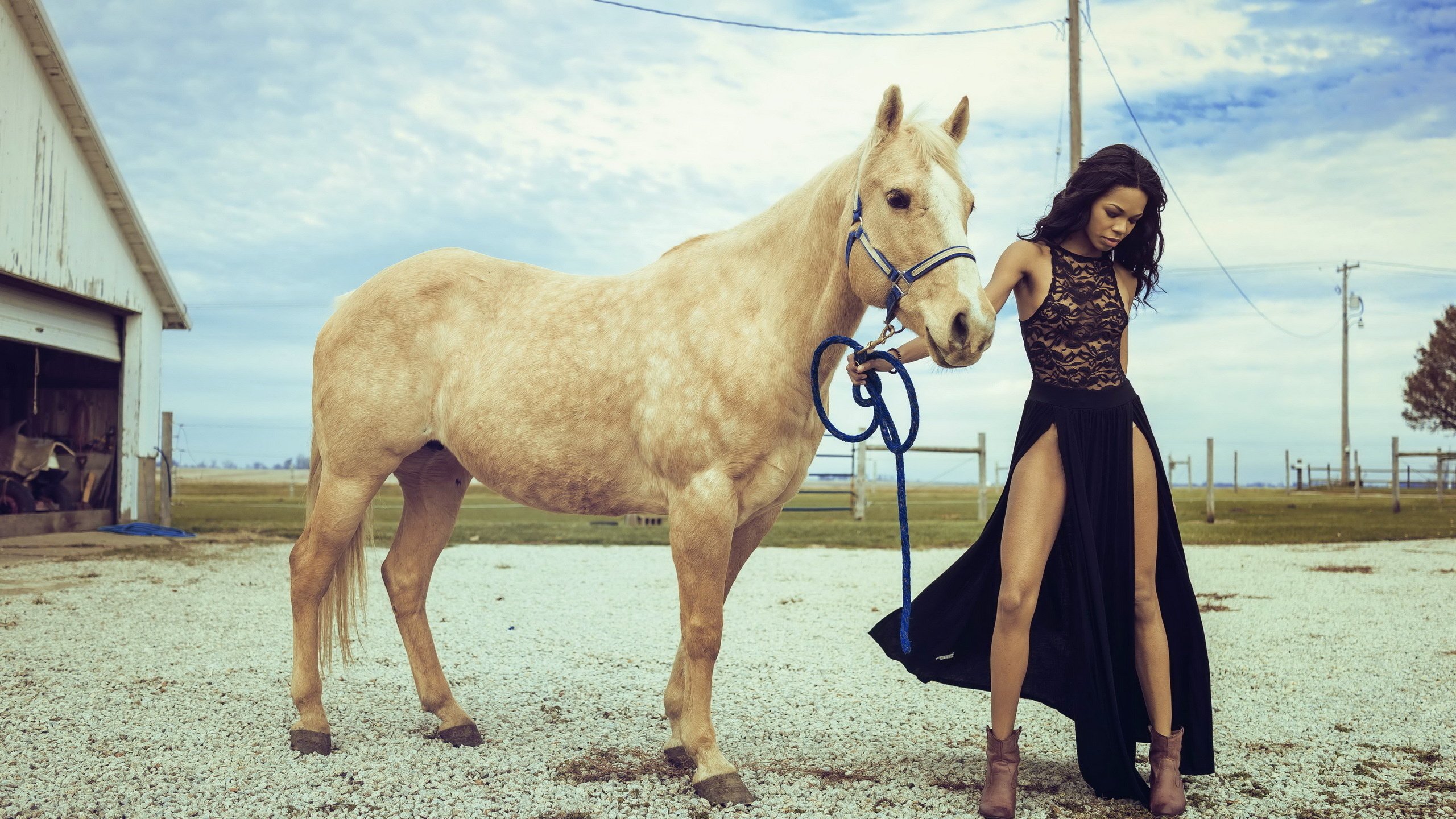 Обои девушка, фон, конь, farm girl, girl, background, horse разрешение 2560x1600 Загрузить