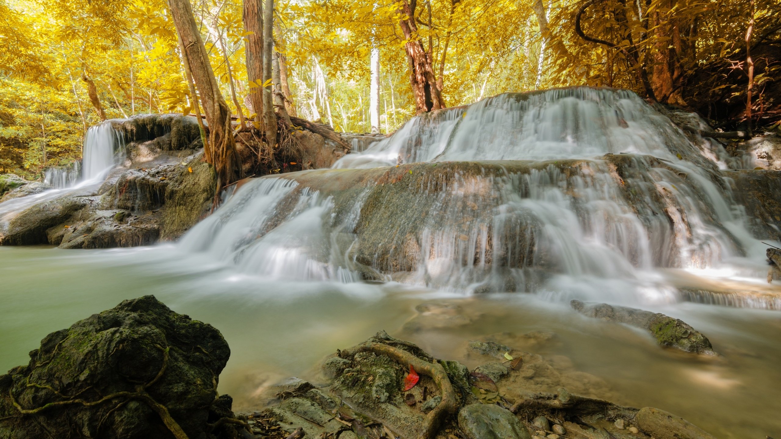 Обои деревья, природа, лес, водопад, осень, huaymaekamin, trees, nature, forest, waterfall, autumn разрешение 3100x2053 Загрузить