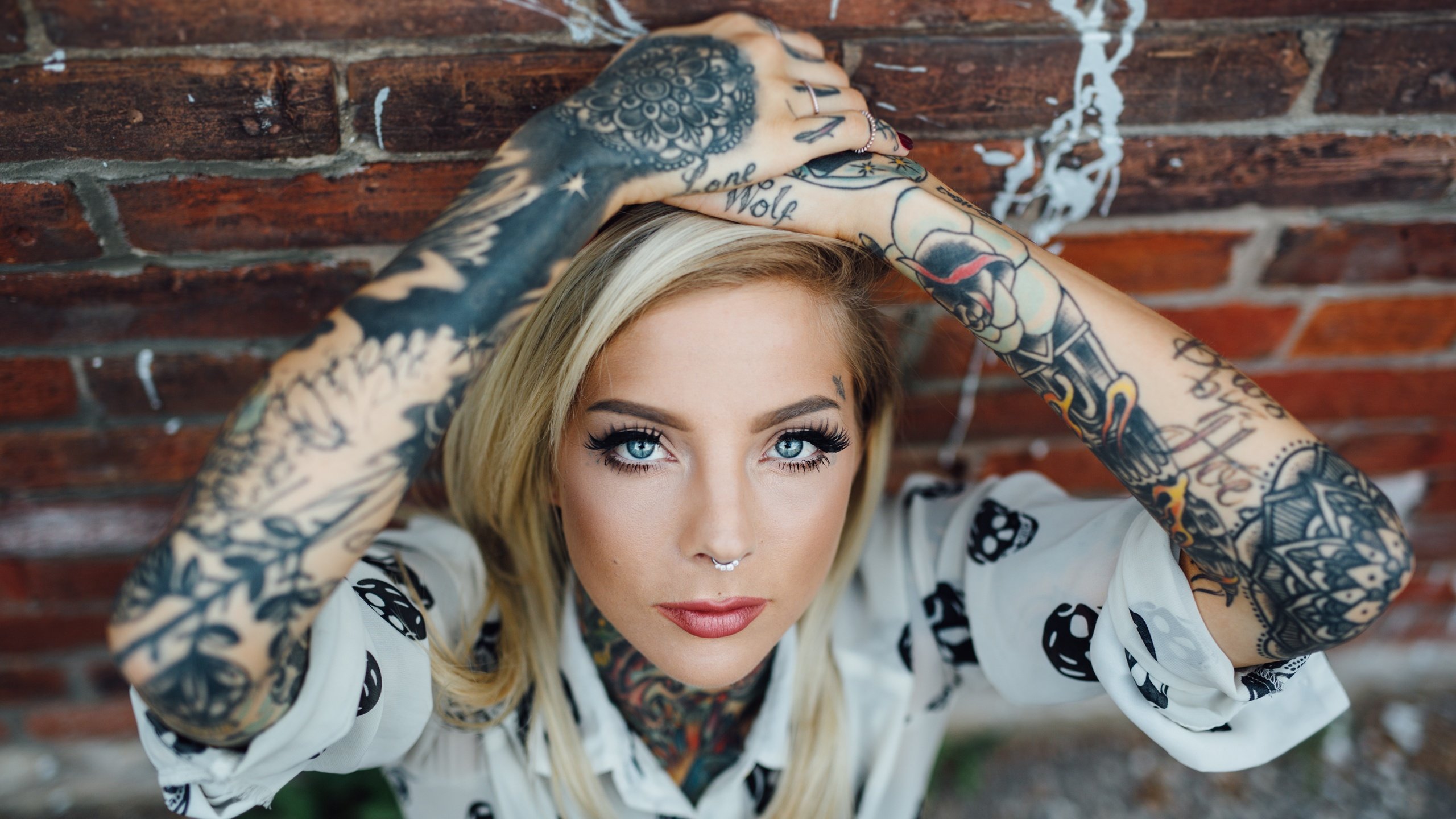 Обои глаза, madisonskye, tattoo girls, стиль, madison skye, кольца в носу, девушка, город, стена, тату, лицо, кирпич, eyes, style, nose rings, girl, the city, wall, tattoo, face, brick разрешение 5717x3729 Загрузить