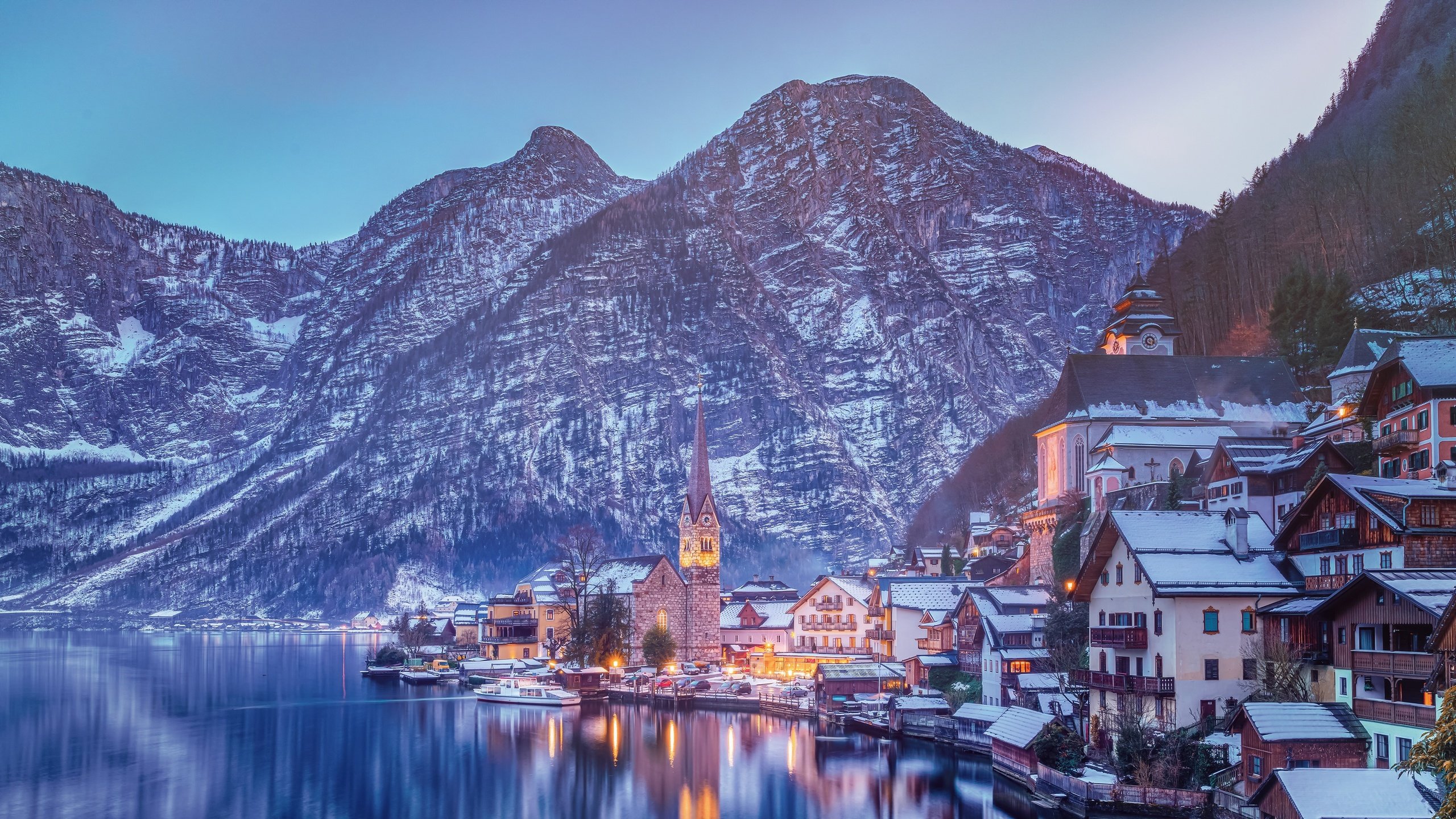 Гальштат австрия горы ночь огни город бесплатно