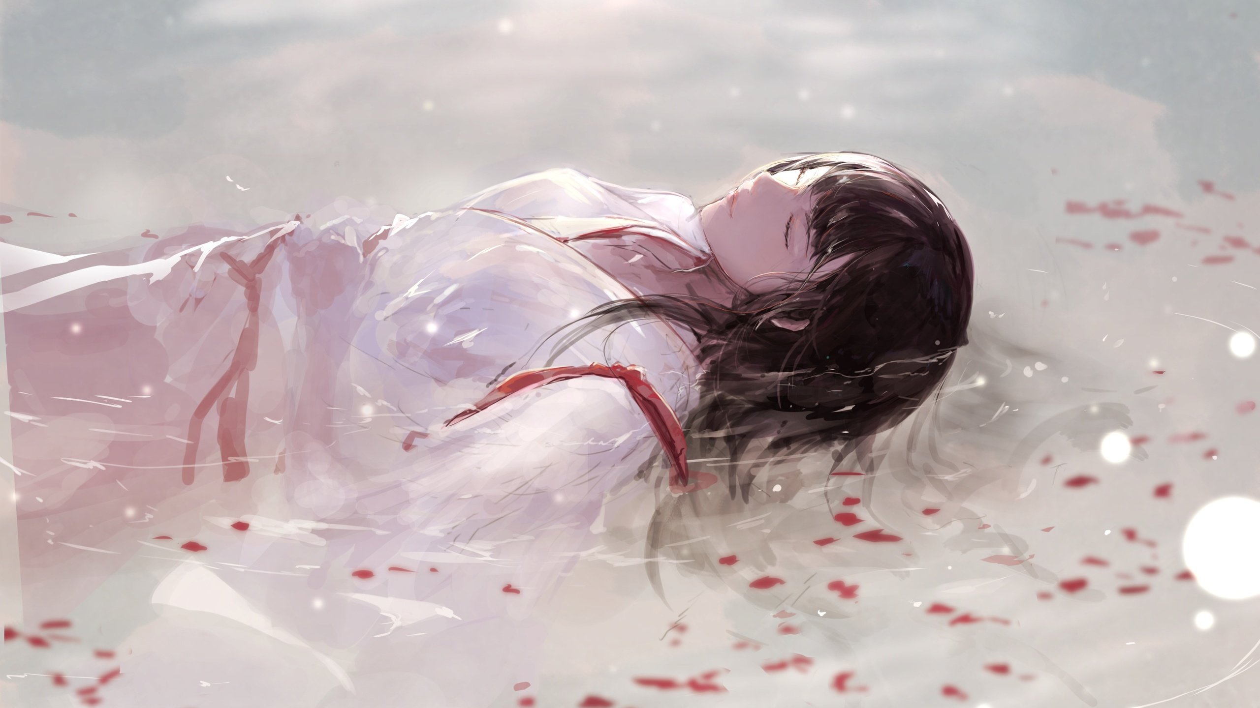 Обои вода, девушка, лепестки, сон, кимоно, akagi, традиционная одежда, water, girl, petals, sleep, kimono, traditional clothing разрешение 2865x2026 Загрузить