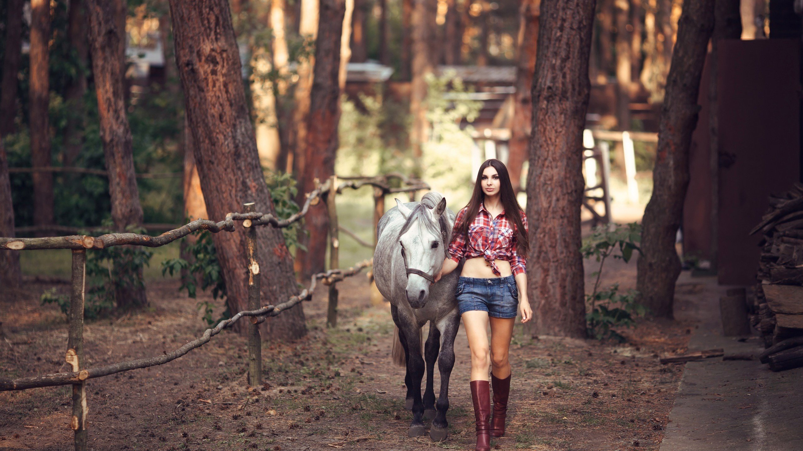 Обои лошадь, сапоги, деревья, длинные волосы, девушка, джинсовые шорты, взгляд, забор, модель, ножки, конь, рубашка, shirt, horse, boots, trees, long hair, girl, denim shorts, look, the fence, model, legs разрешение 2560x1600 Загрузить