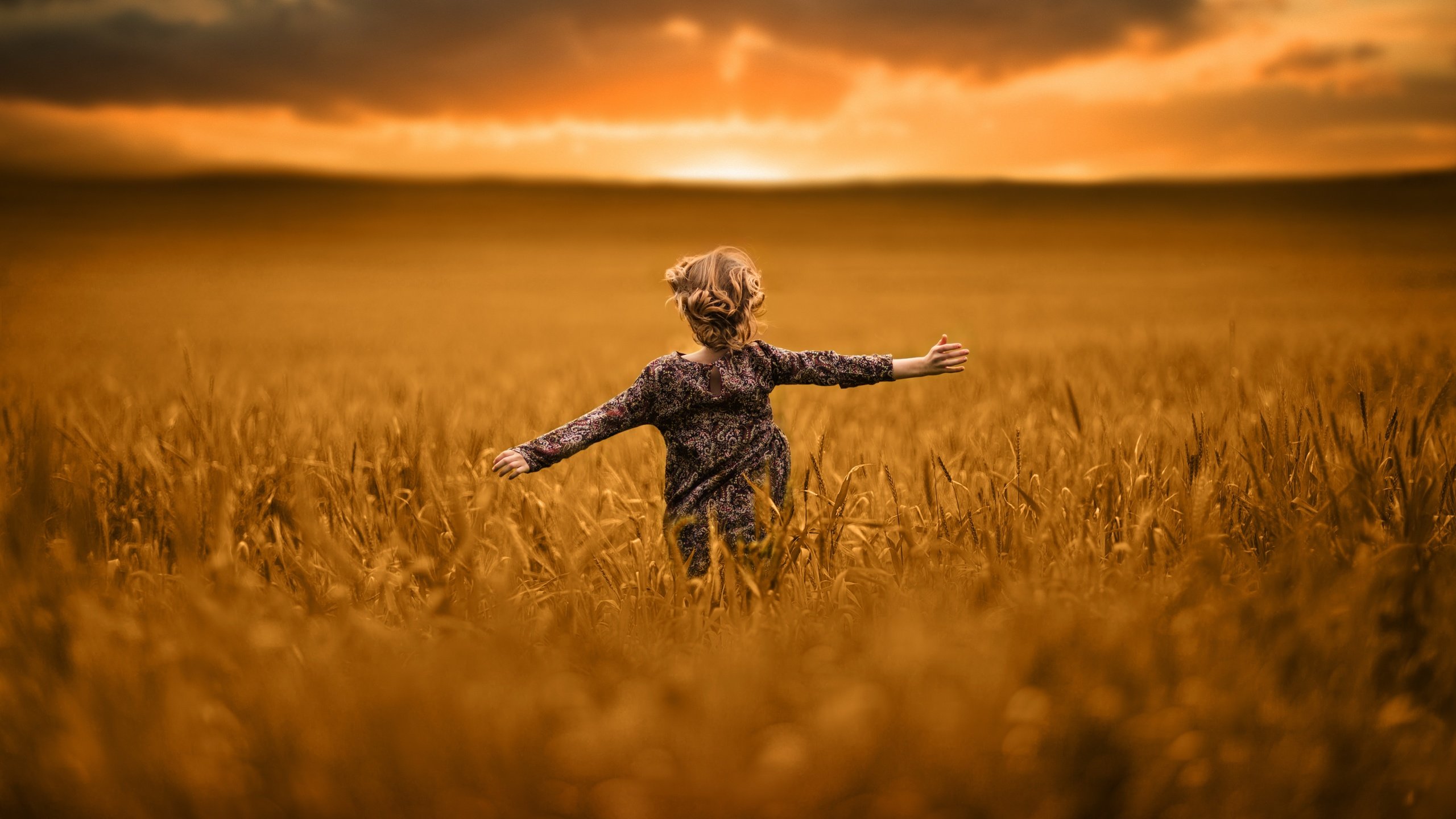 Обои солнце, природа, поле, девочка, ребенок, бег, the sun, nature, field, girl, child, running разрешение 5760x3609 Загрузить