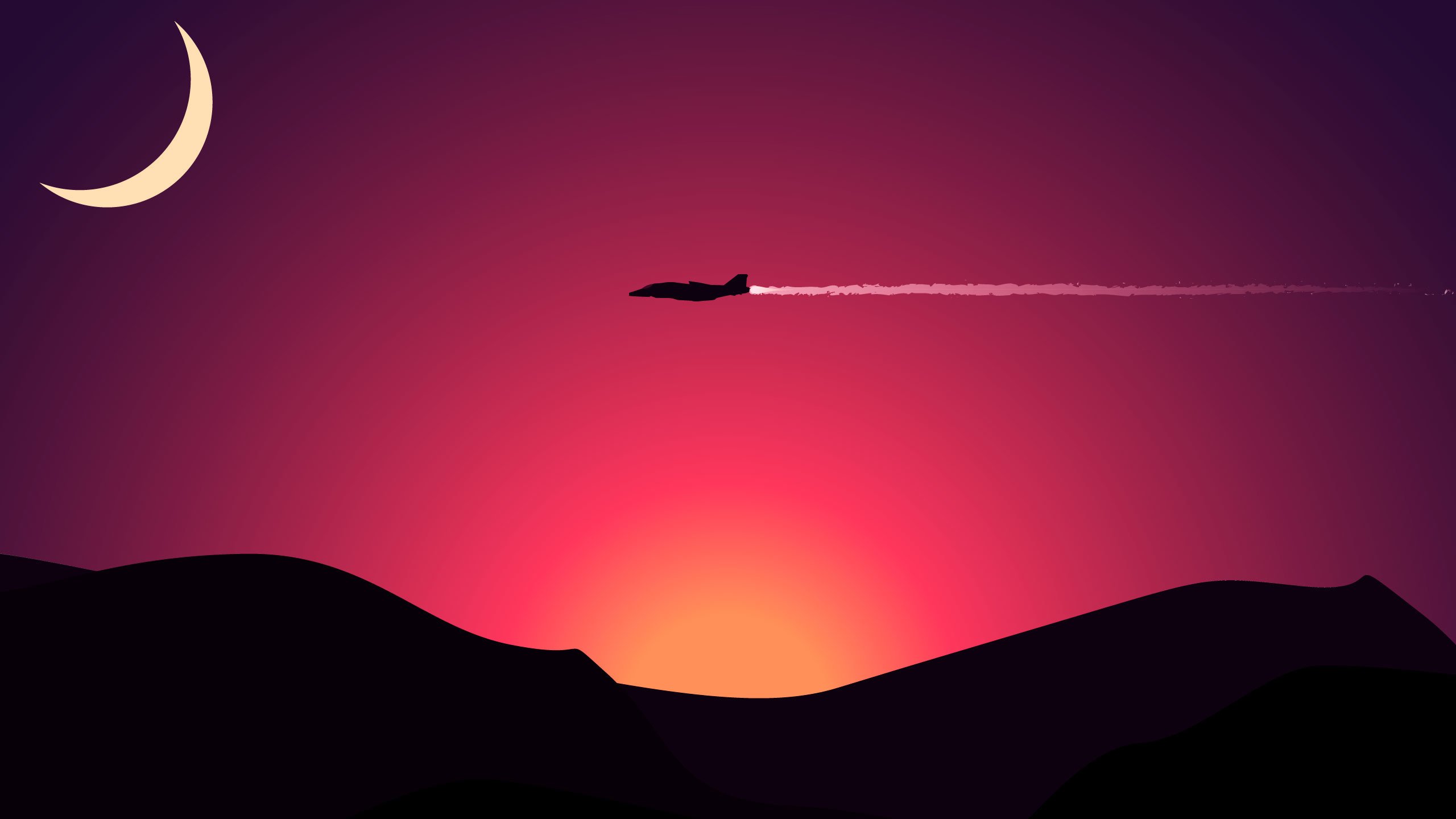 Обои горы, самолет, вектор, луна, графика, минимализм, mountains, the plane, vector, the moon, graphics, minimalism разрешение 2560x1600 Загрузить